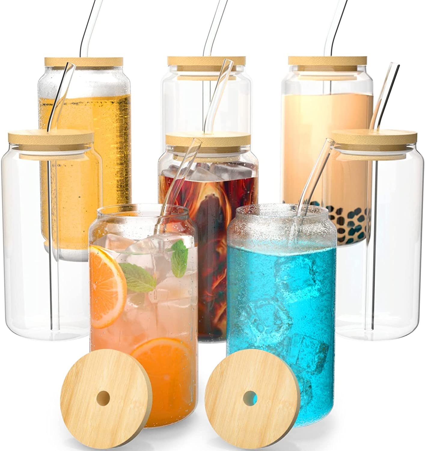  Finew 8PCS Drinking Glasses with Bamboo Lids and Straws, Glass  Cups Set, 16oz Beer Can Shaped Glasses, Iced Coffee Cups, Cute Tumbler Cup,  for Whiskey, Wine Cocktail Boba Tea Gift 