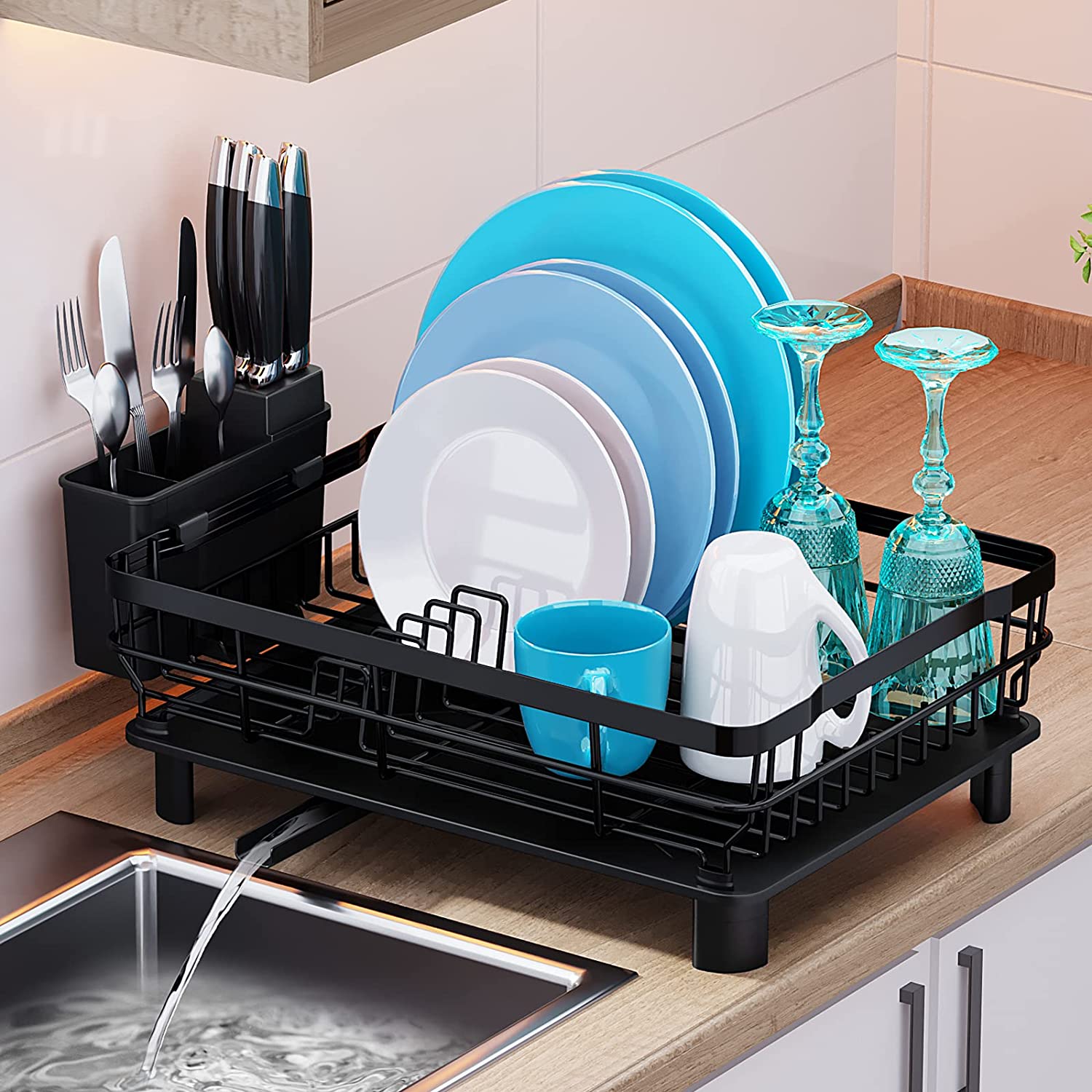 PXRACK Dish Drying Rack, Expandable(19.1-26.9) Large Capacity Dish Rack  and Drainboard Set, Stainless Steel Dish Drainers with Utensil Holder for