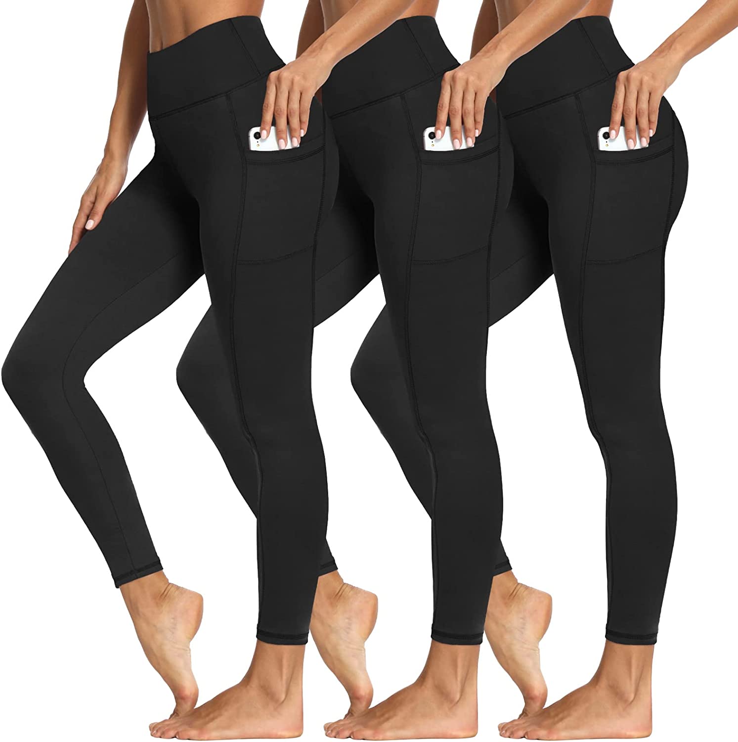 yeuG Women's Plus Size Leggings with Pocket-2 Pack High Waist Tummy Control  Yoga Pants Spandex Workout Running Black Leggings