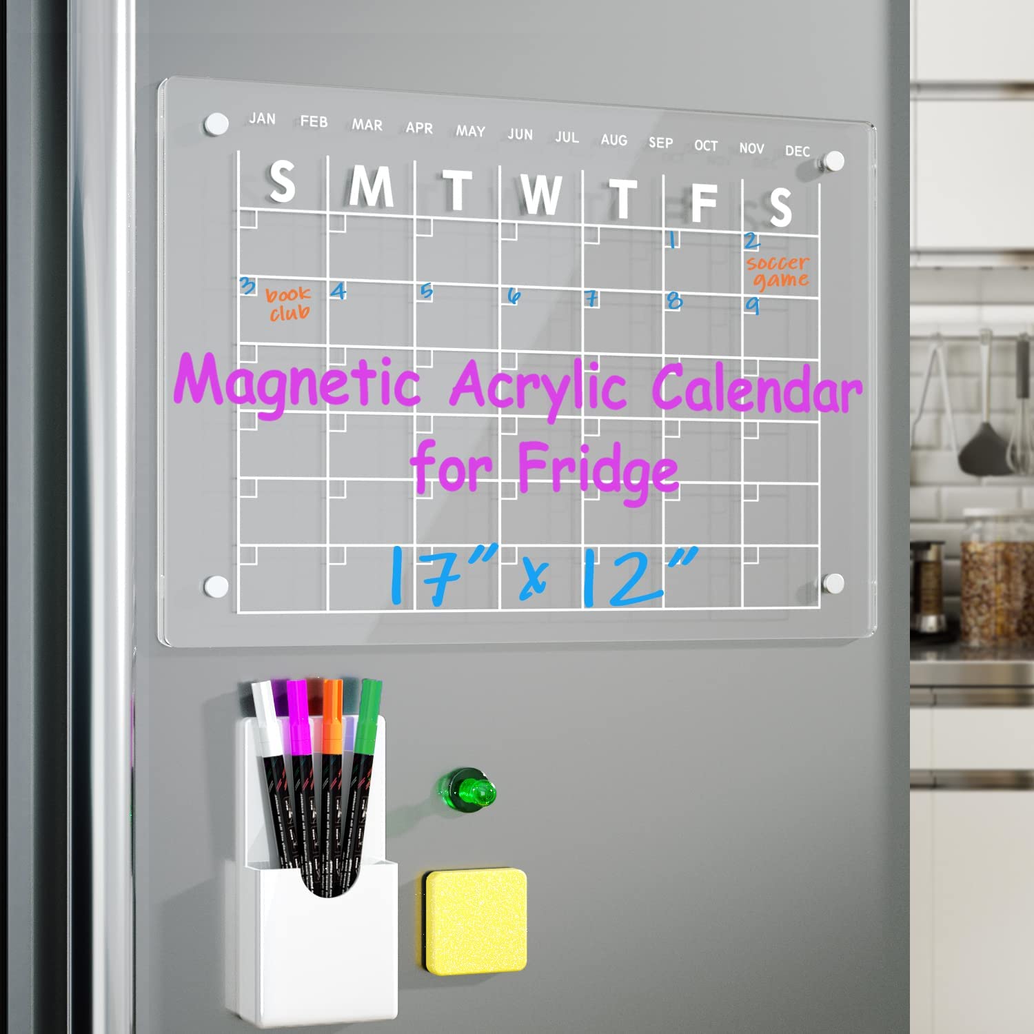  2 PCS Magnetic Acrylic Calendar for Fridge, Clear Acrylic  Magnetic Dry Erase Planning Board 17x13 Monthly & Weekly Calendar for  Refrigerator with 6 Color Magnetic Markers and Eraser : Office Products
