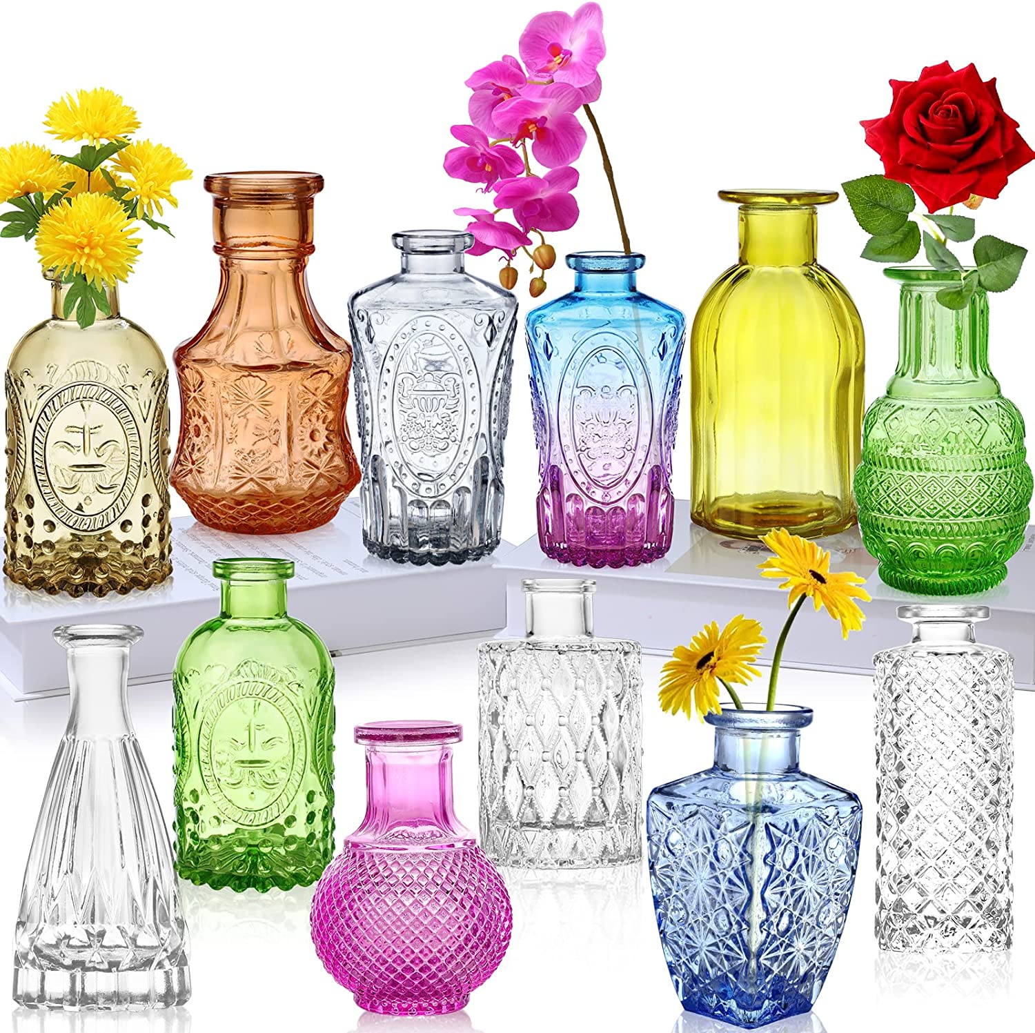 Vintage Vase Decorative Glass Vases, Embossed Colored Glass Bottles,Large  Wine Bottle Size,Set of 3 with Cork Lid-Flower Bud Vases, Garden Decor,  Suncatchers,Bottle Trees(Warm)