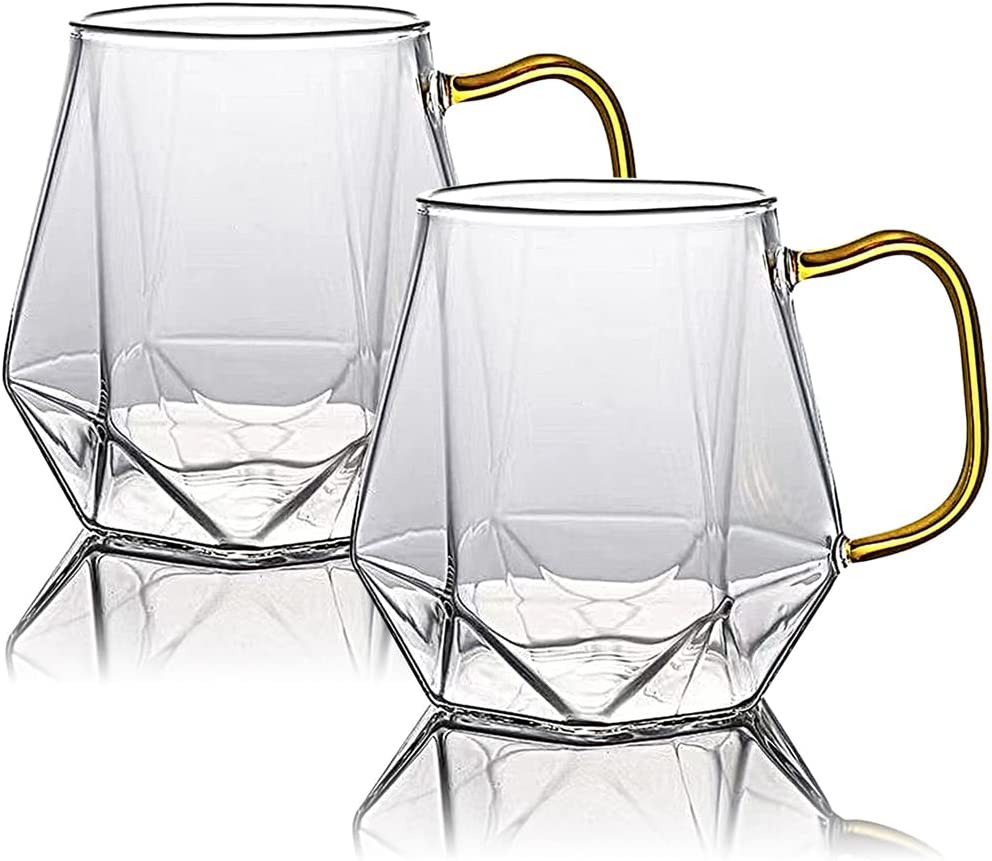 PunPun Clear Large Glass Mugs, Crystal Clear Drinking Cups, 18OZ. 540ml,  Fashion Drinking Glass Mugs with Big Handle, Single Wall