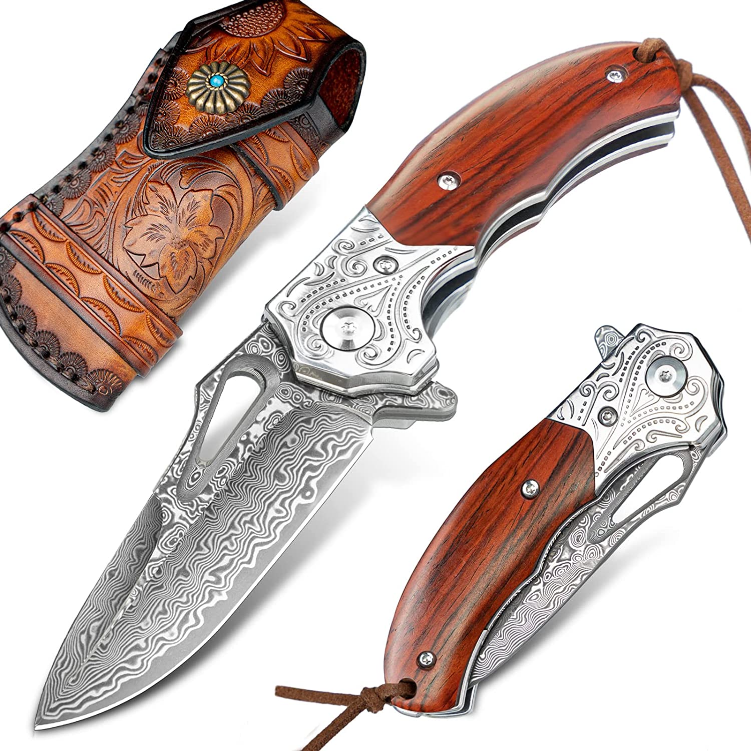 Bmk-1011 Poseidon Damascus Pocket Knives Red Ruby Gem diamond