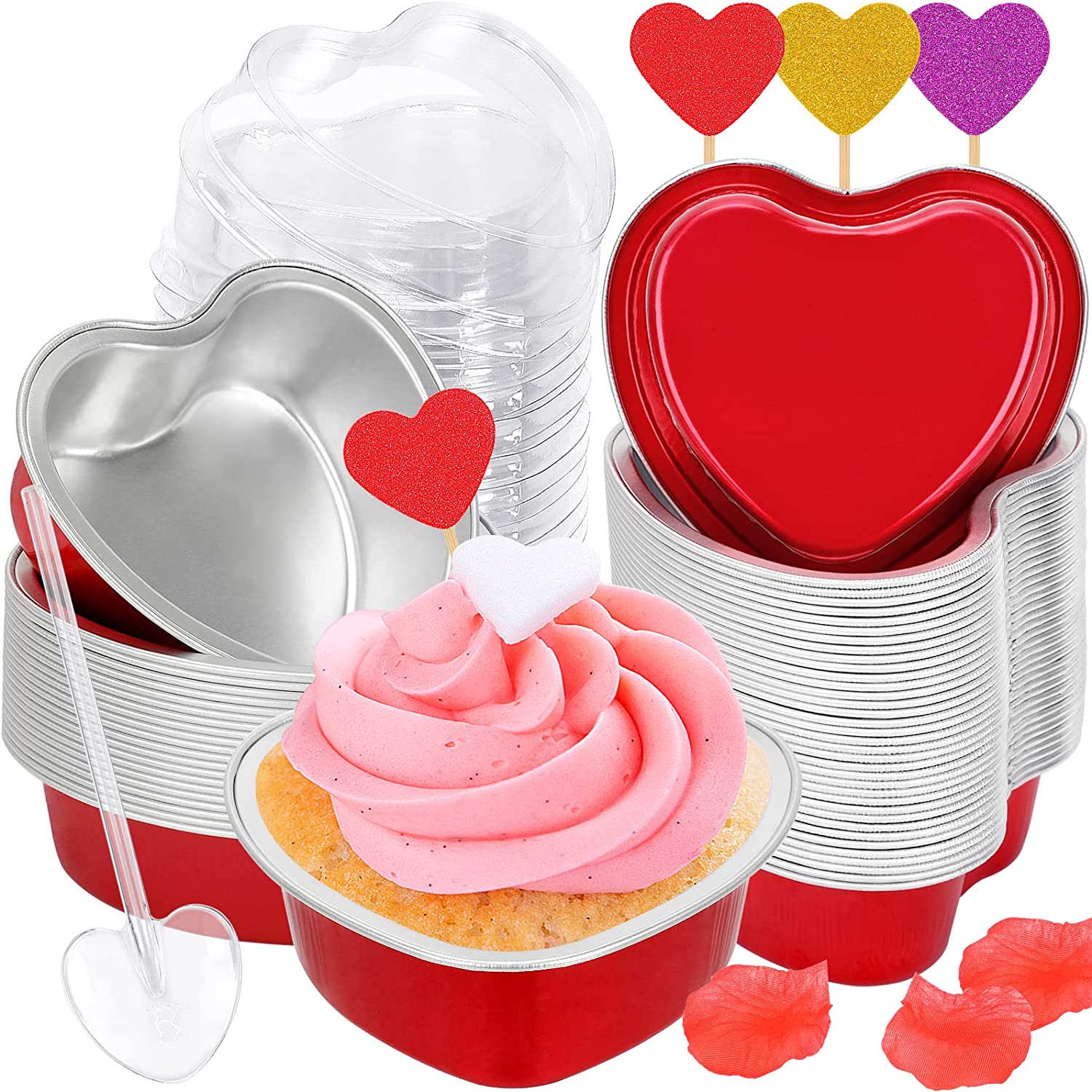 Zubebe Aluminum Foil Cake Pan 30 Pcs Heart Shaped Cupcake Cup with