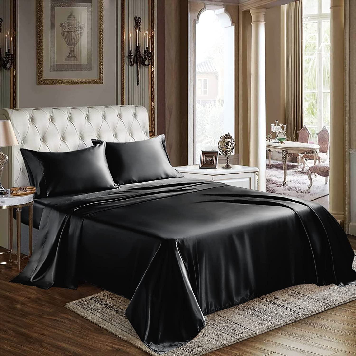  SiinvdaBZX 4Pcs Satin Sheet Set Queen Size Ultra Silky