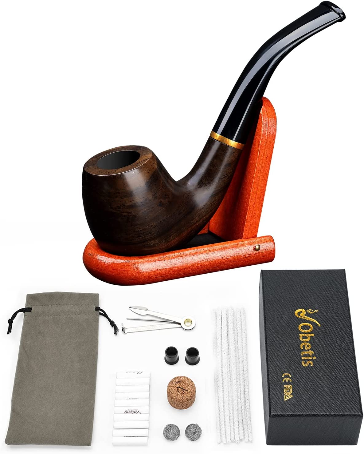 Wholesale Obetis Bent Tobacco Pipe, Handmade Ebony Wood Smoking Pipe