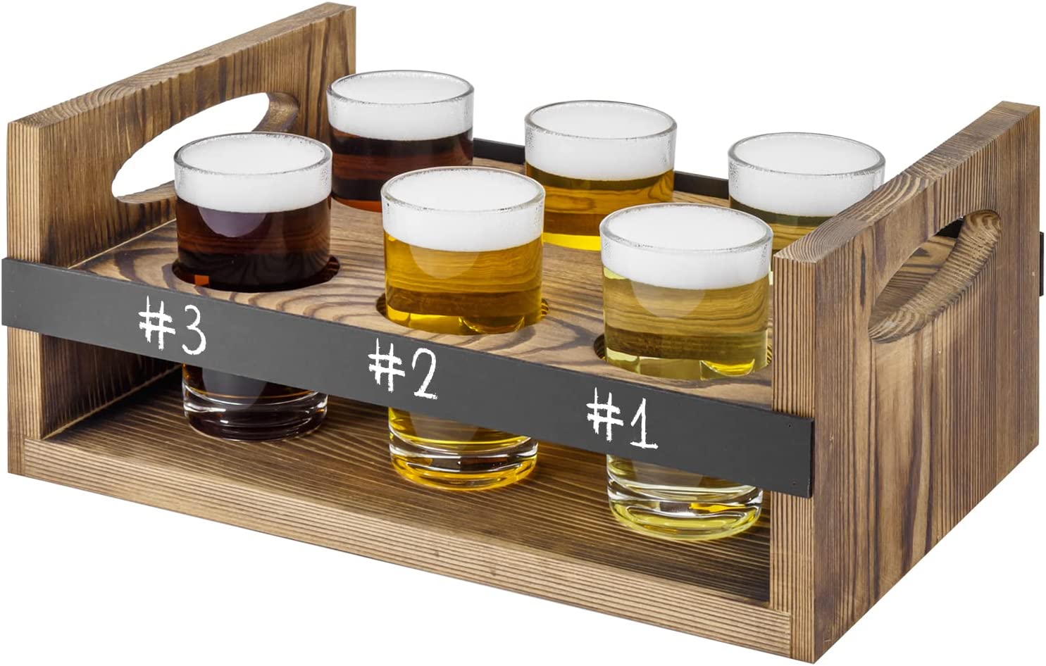 MyGift Burnt Brown Wood Beer Flight Tasting Sampler Server Set with 4 Beer  Glasses, Chalkboard Label & Black Metal Handle