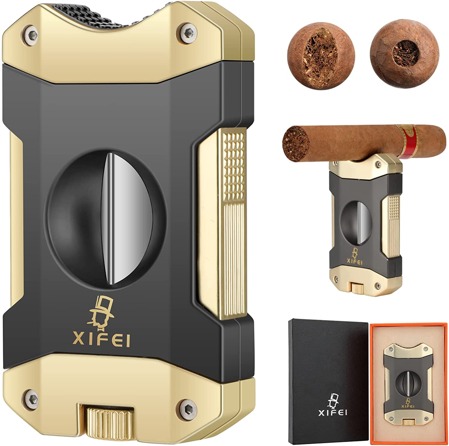 XIFEI Cigar Cutter V-Cut Guillotine,4 in 1 Straight Cut V Cutter with Cigar  Punch Cigar Holder Stainless Steel Blade Ergonomic Design with Secure-Lock