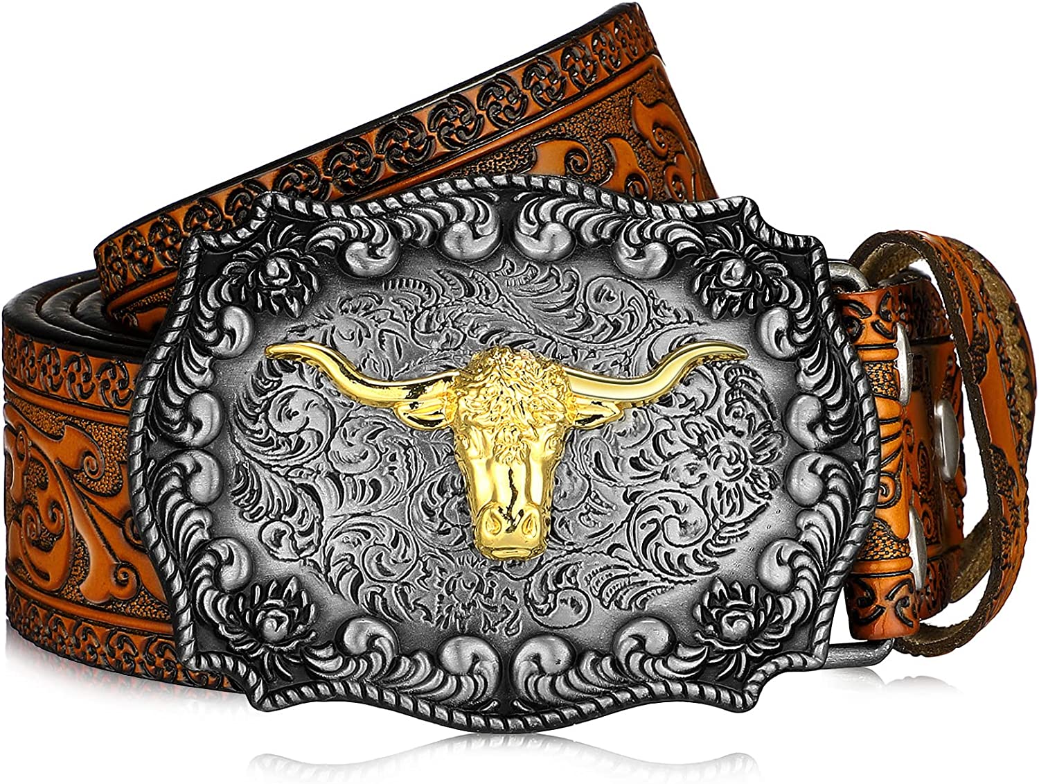 XuoAz Western Cowboy Belt for Men Women - Floral Engraved PU