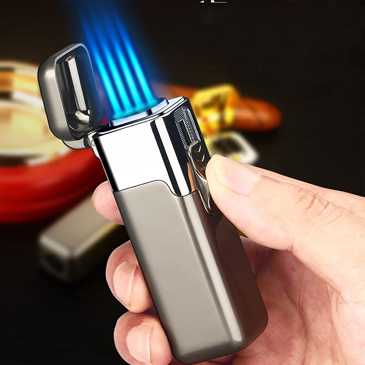 XIFEI Cigar Lighter Triple-Jet Flame, with Integrated Cigar Puncher and  Double-Blade Cigar Cutter (Black)