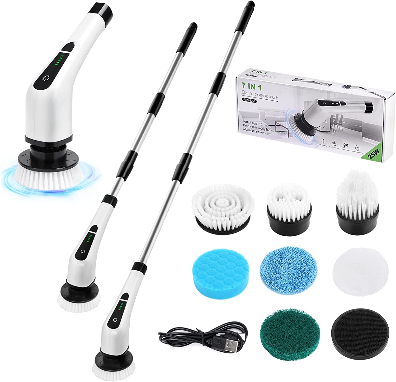 iDOO Electric Spin Scrubber, Shower Scrubber Cleaning Brush with 5 Replaceable Brush Heads, Cordless Power Scrubber with Adjustable Long Handle for