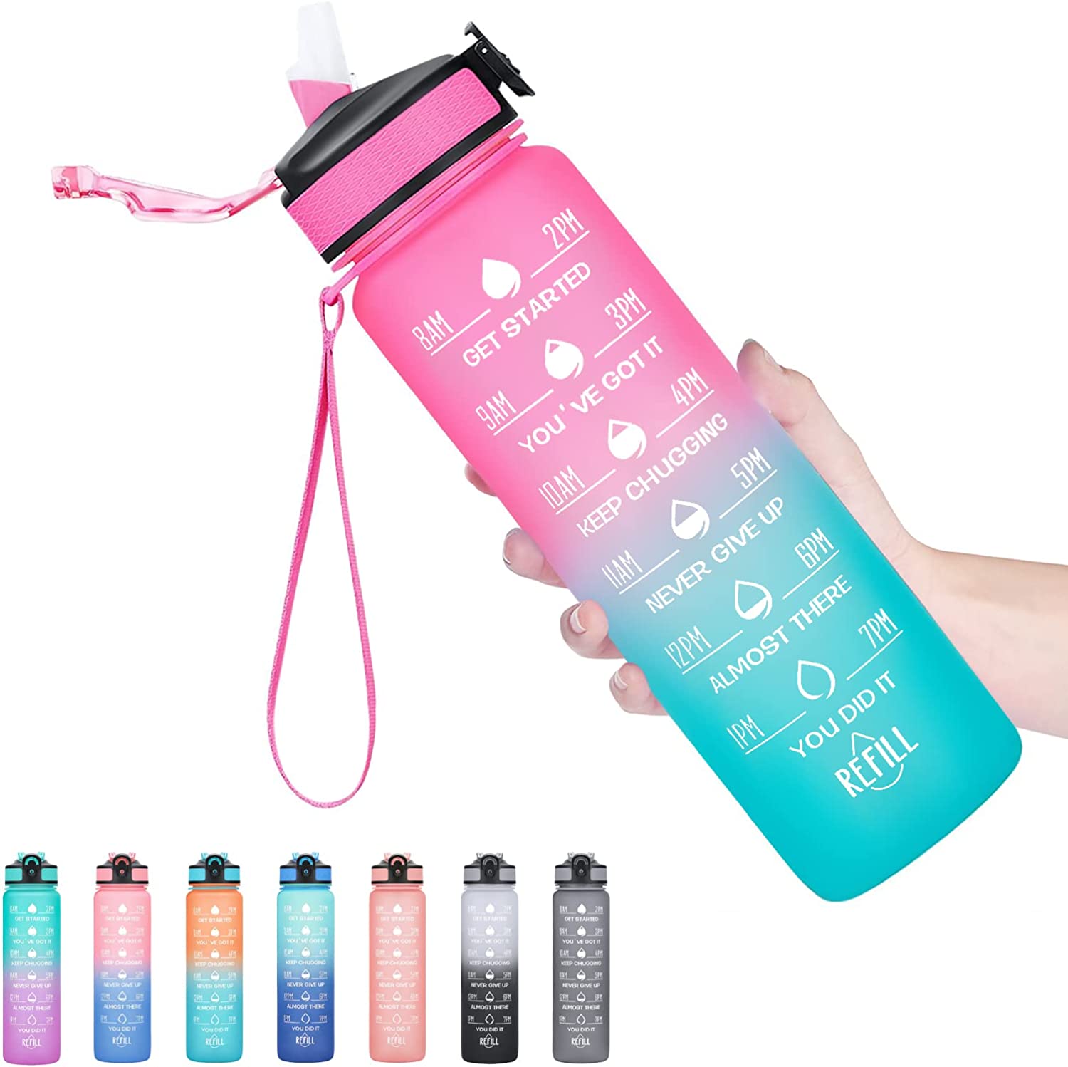 Wholesale Enerbone 32 OZ Water Bottle with Times to Drink and Straw,  Leakproof BPA & Toxic Free, Drinking Water Bottle with Carrying Strap,  Ensure You Drink Enough Water for Fitness and Outdoor