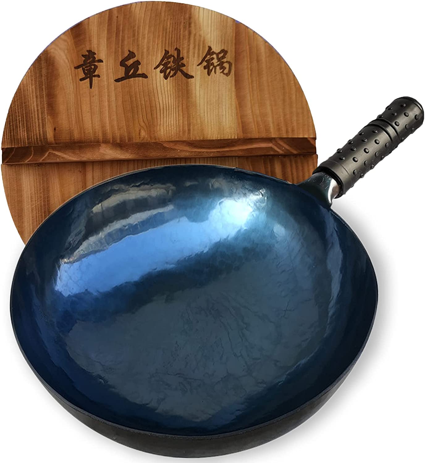 XEEYAYA Carbon Steel Wok Pan with Ring, Chinese Woks and Stir Fry Pans, 14  Large Hand Hammered Traditional Round Bottom Wok