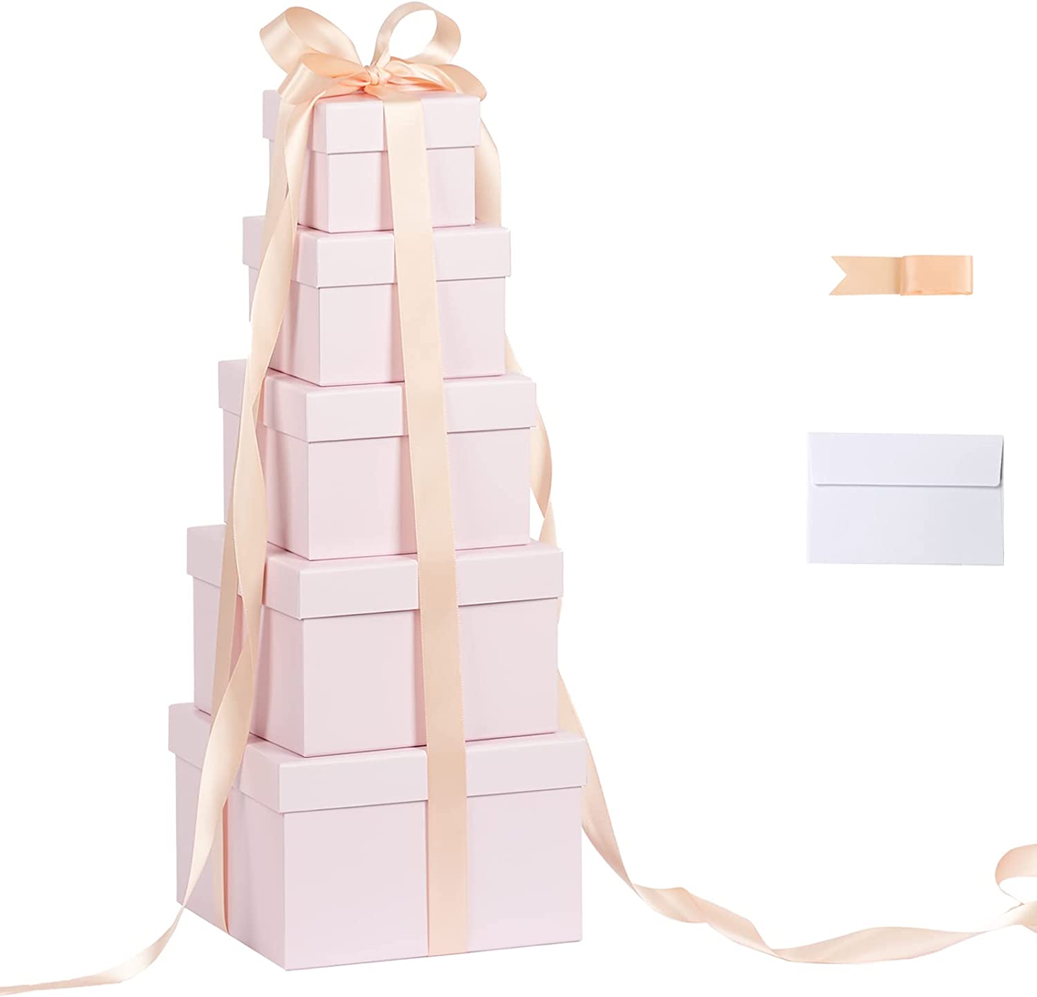 5 Pack Large Square Nesting Gift Boxes With Lids For Presents, Pink  Stacking Gift Box With Ribbon Card For Valentine'S Day Gifts And  Decorations