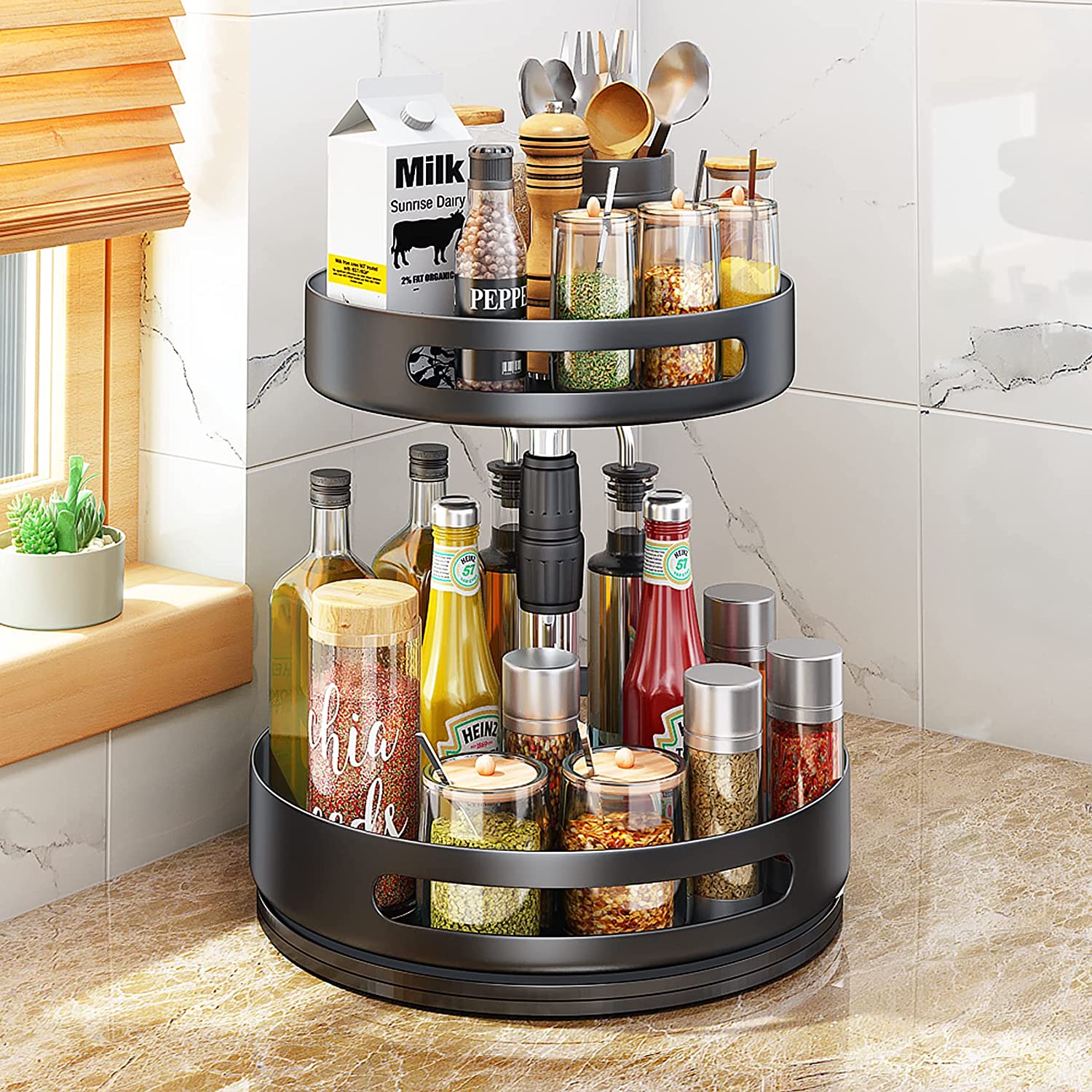 2 Tier Lazy Susan Bathroom Organizer, 9.25Inch Clear 360 Rotating Makeup  Organizer for Vanity, Skincare Organizers Perfume Organizer, Spice Rack  Organizer for Cabinet- Home Organization and Storage