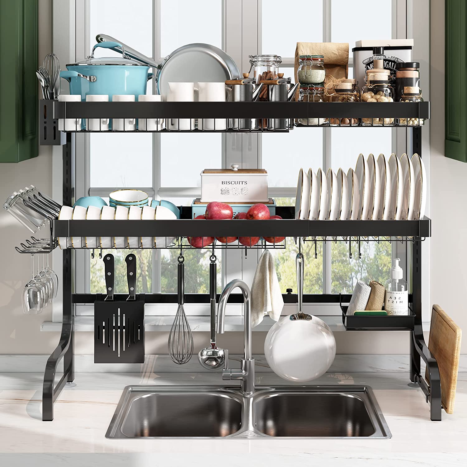  2023 Model，Over The Sink Dish Drying Rack 3-Tier Dish Drying Rack  Over Sink Adjustable Length(26-37.5in), Stainless Steel Dish Drainer, Dishes  Rack Kitchen Pots, pans, dishes and pots Organizer