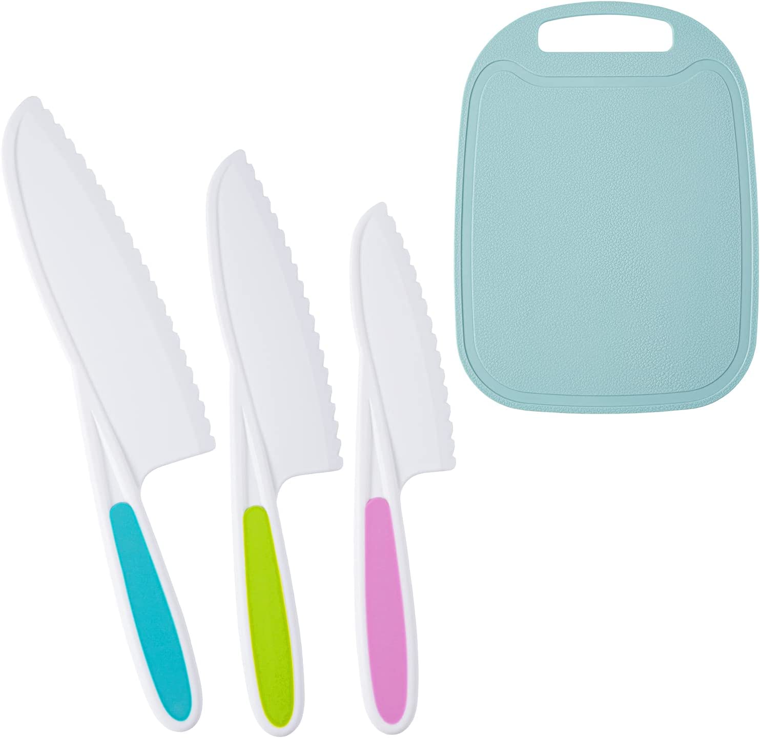 TOVLA JR. Kids Kitchen Montessori Knives and Foldable Cutting Board Set:  Children's Safety Cooking Knives in 3 Sizes & Colors/Firm Grip, Serrated