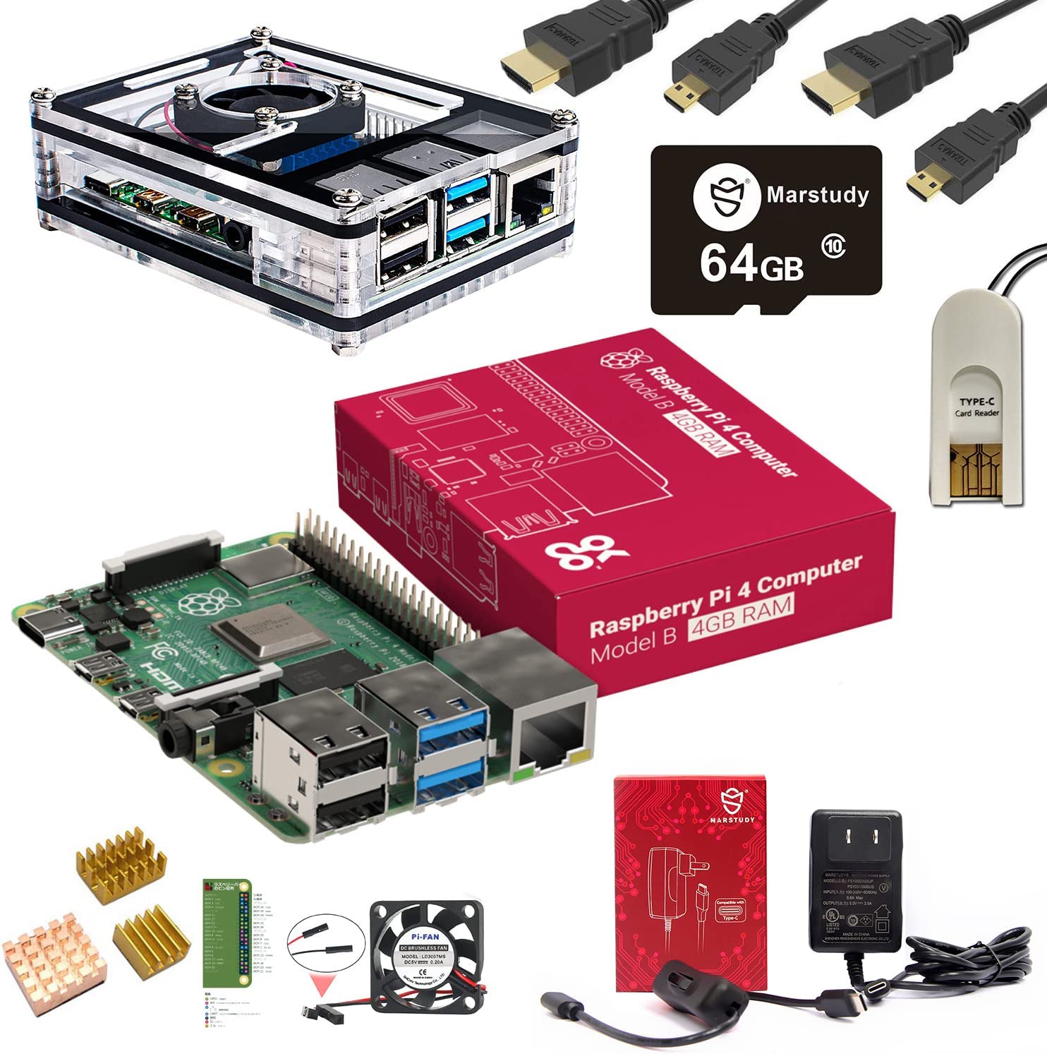  GeeekPi Raspberry Pi 4 8GB Kit - 64GB Edition, DeskPi Lite  Raspberry Pi 4 Case with Power Button/Heatsink with PWM Fan, QC3.0 Power  Supply, HDMI Cable, Card Reader for Raspberry Pi