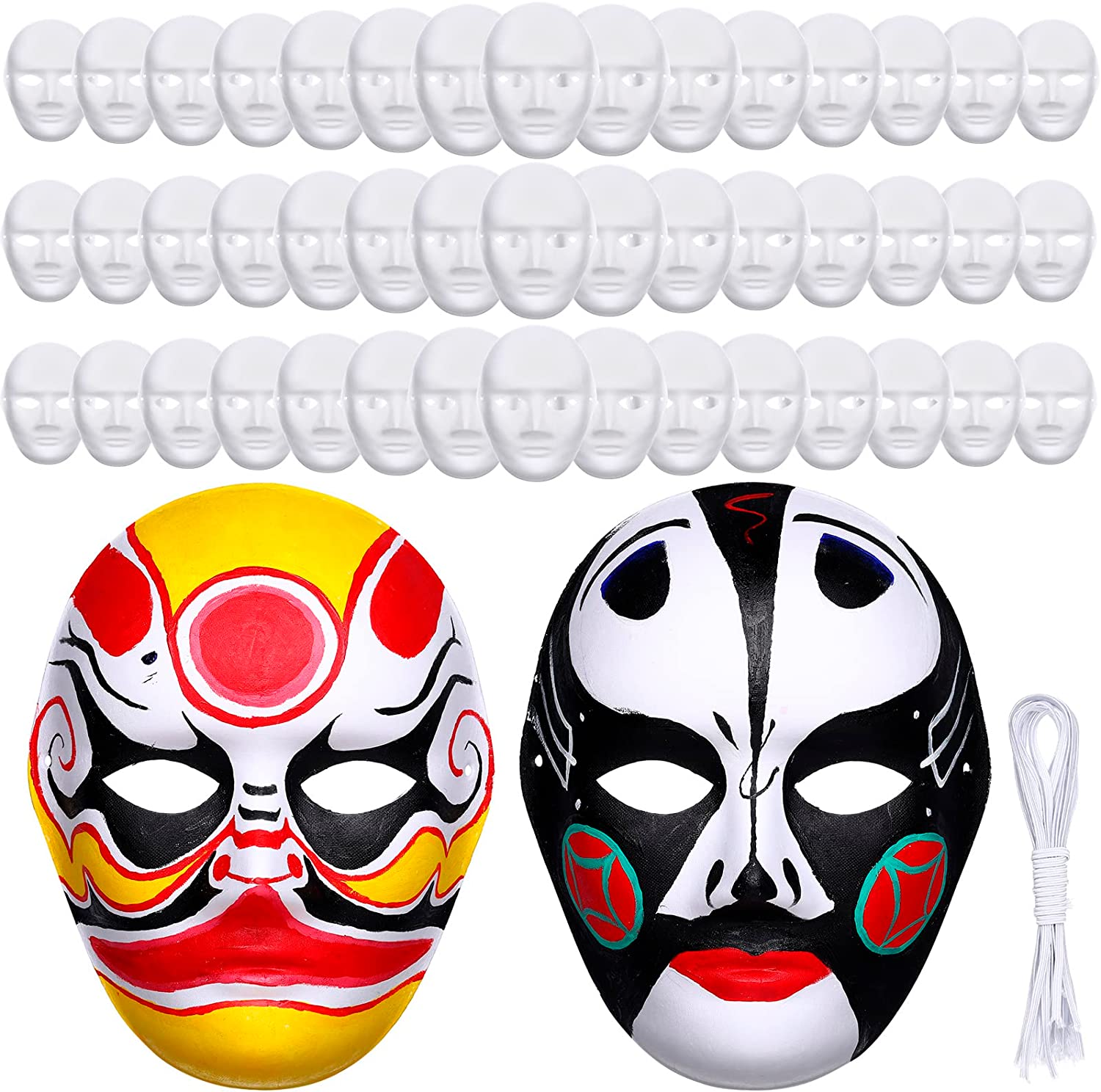 Heatoe 10 Packs White Paper Masks(Men and Women) with 10 Pcs Tied Ropes, Blank Full Face Mask, Paintable Paper Mask, Cosplay Masquerade Mask for