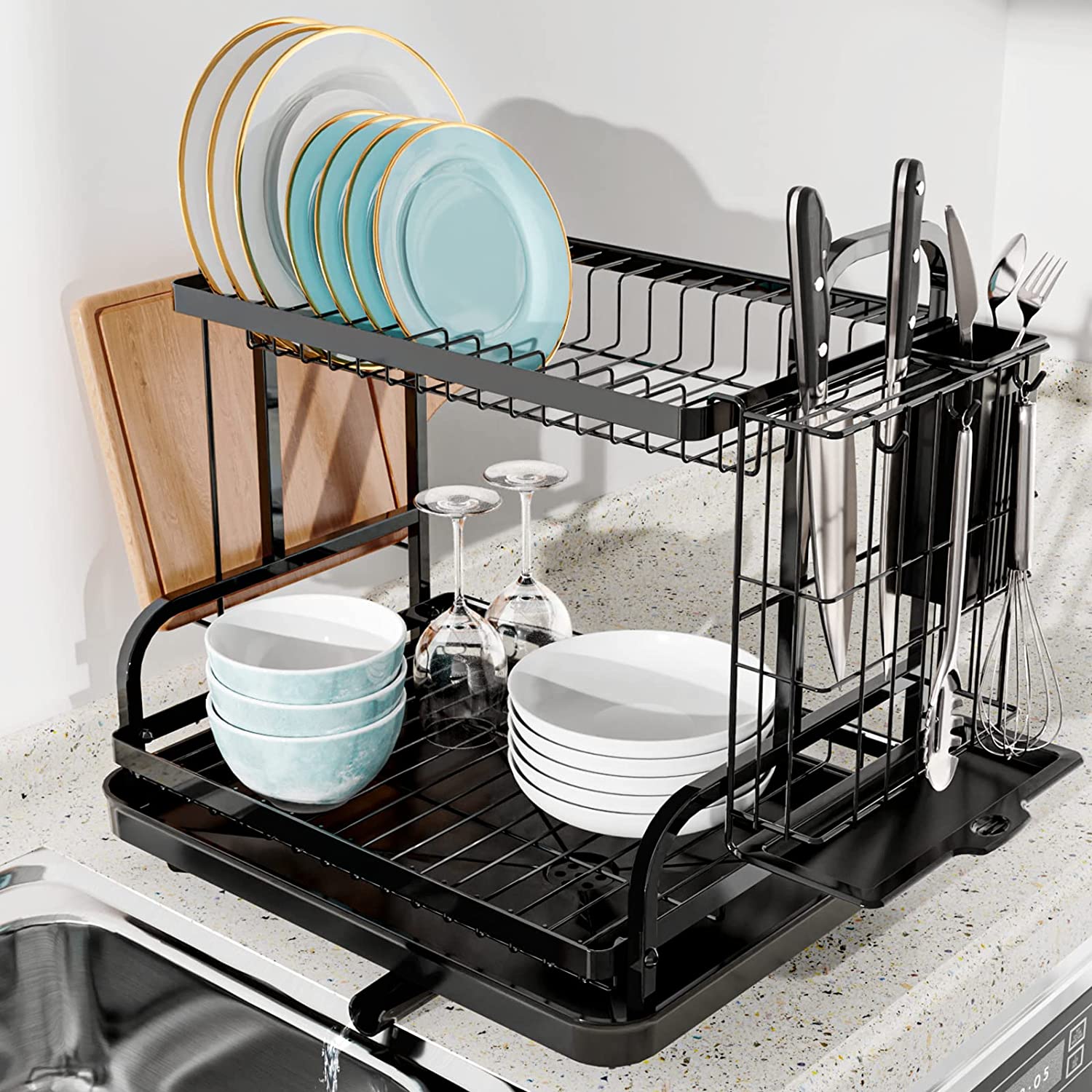 Over The Sink Dish Drying Rack, Width Adjustable (26.8 to 34.6) 2 Tier Dish  Rack Drainer for Kitchen Counter Organization and Storage, Utensil Sponge  Holder Sink Caddy Dryer Rack Black 