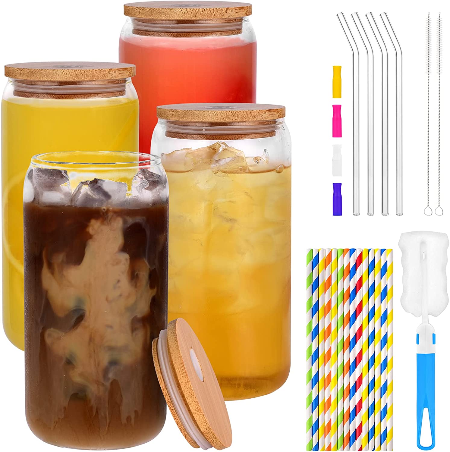 QWEZXO Drinking Glasses with Bamboo Lids and Glass Straws，20 OZ for Iced  Coffee, Water, Smoothie