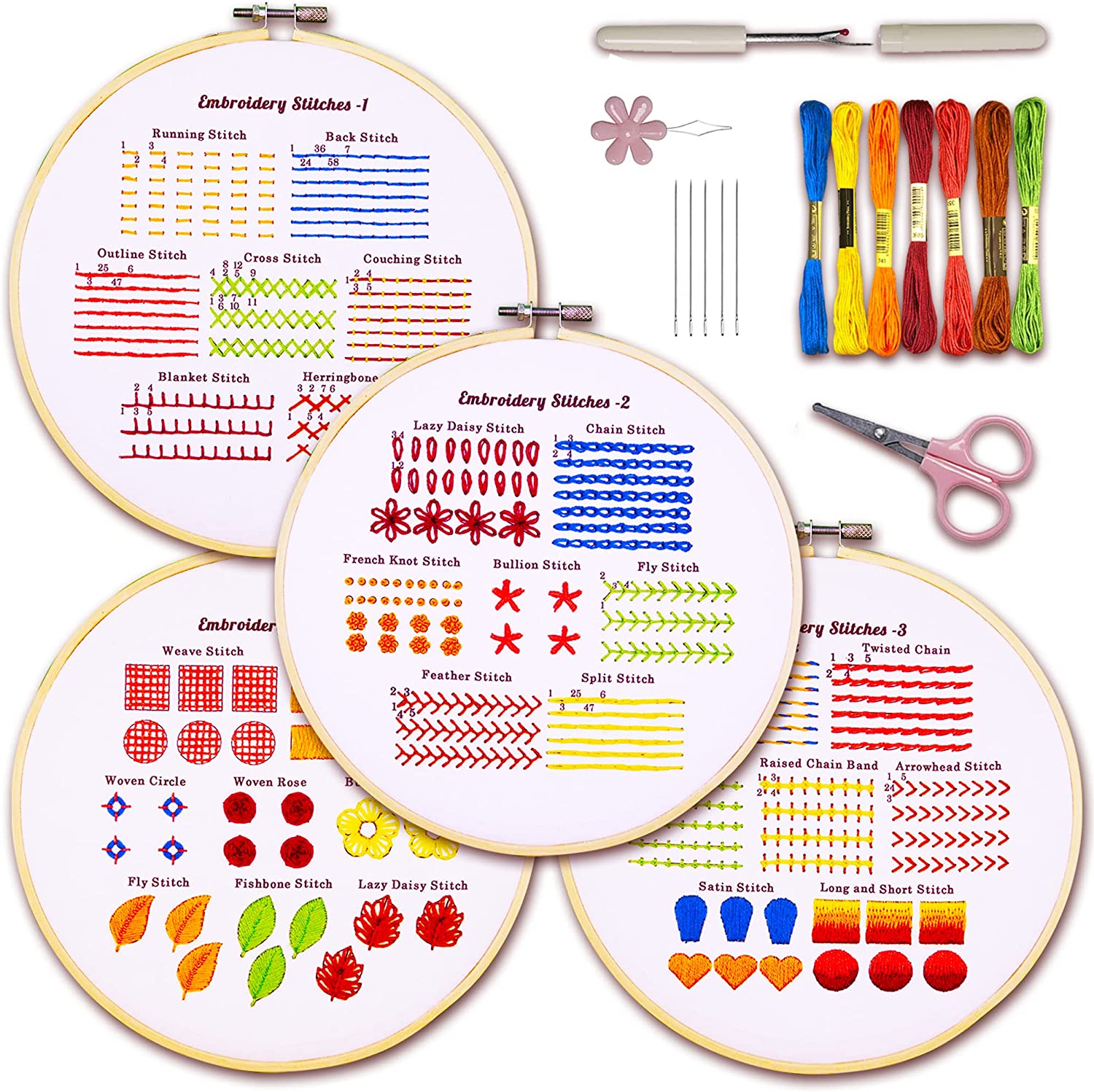 Pllieay Christmas Cross Stitch Beginner Kits for Kids 7-13, Includes 6pcs  Project Cross Stitch Pattern and 2pcs Hoops, 14 Skeins Embroidery Floss