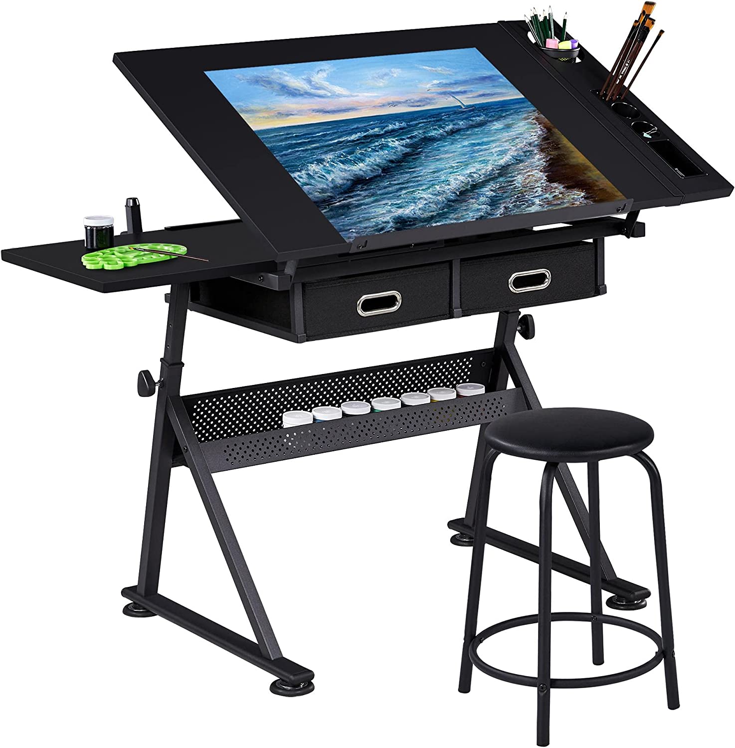 SD STUDIO DESIGNS Axiom II Drawing 42 Wide Adjustable Top Drafting Table,  Graphite Black/Ashwood