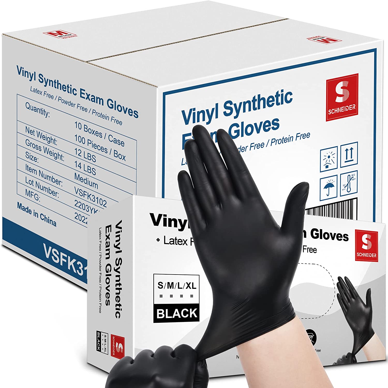 FIEWESEY Disposable Gloves,Powder-Free - For Food Handling,First Aid,  Cleaning,Gardening,Crafting - Exam Gloves, 100 Gloves Per Box -  (SANEK,Black-L) 