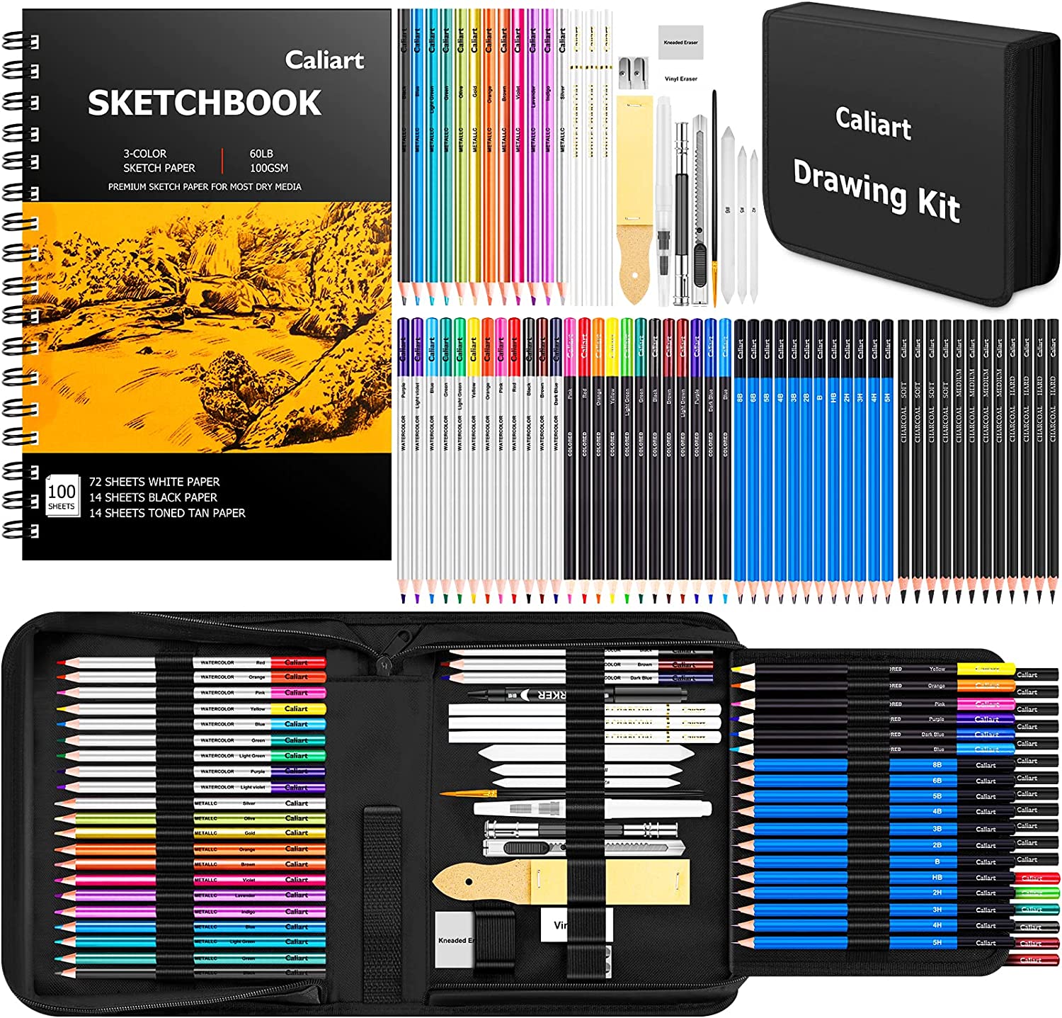 PANDAFLY 80 Pack Drawing Set Sketching Kit Pro Art Supplies with 3-Color