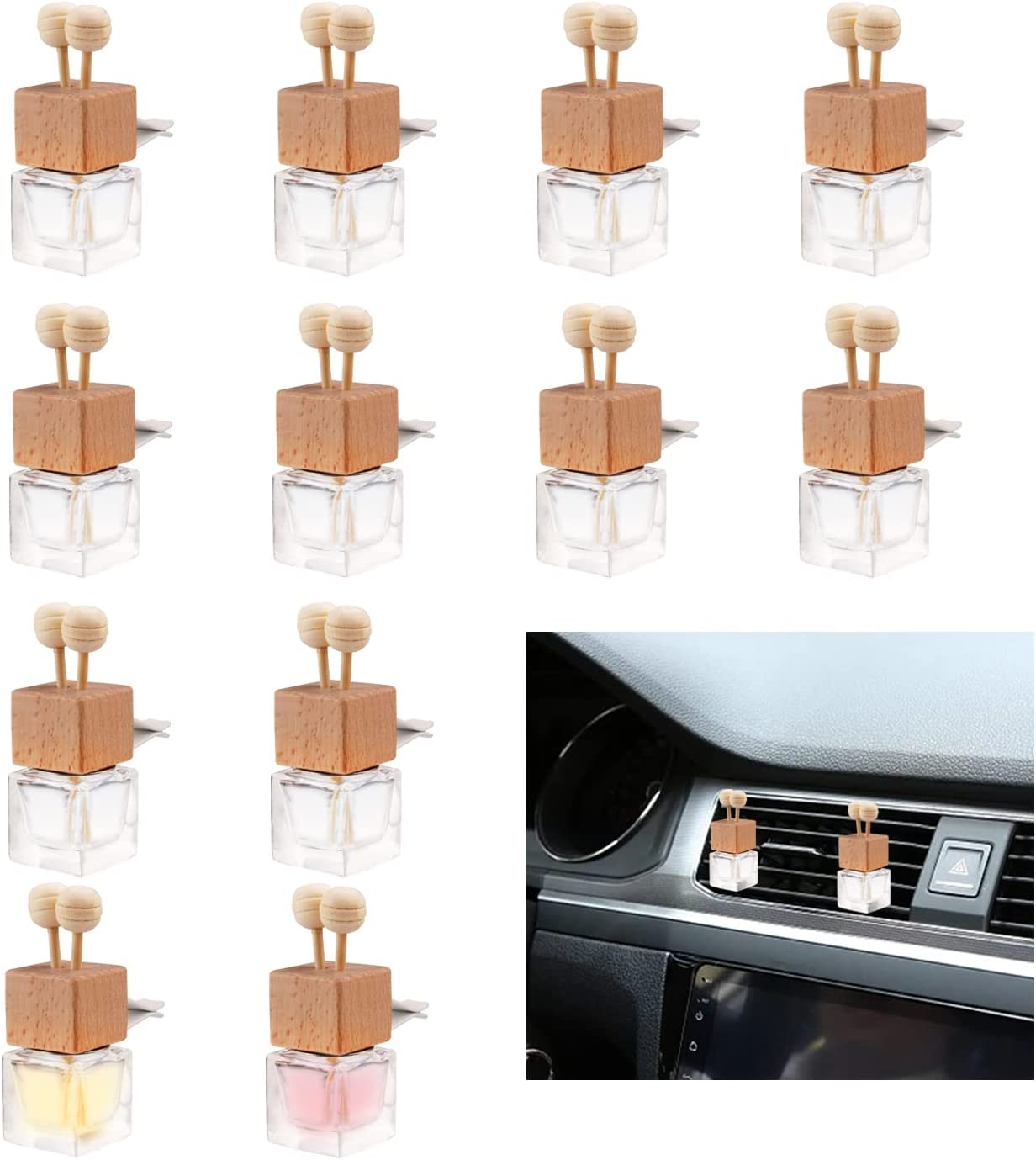 4Pcs/Pack,10ml Car Hanging Perfume Air Freshener Diffuser,Refillable  Essential Oil Pendant Perfume Vials,Thick Square Clear Glass Container With  Wooden Caps & Hanging String,FREE Funnel,Dropper : Automotive 