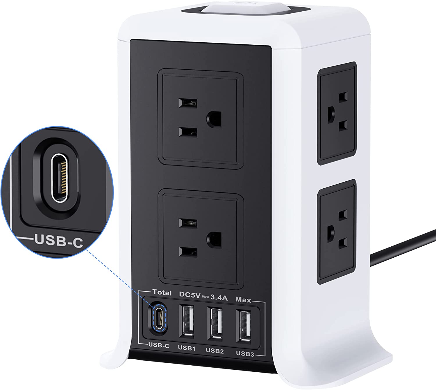 Power Strip Tower with Fast Wireless Charger, Odom 1800 J Surge Protector 4 USB Ports + 10 Outlets + 6 Feet Retractable Extension Cord, Multi Plug Out