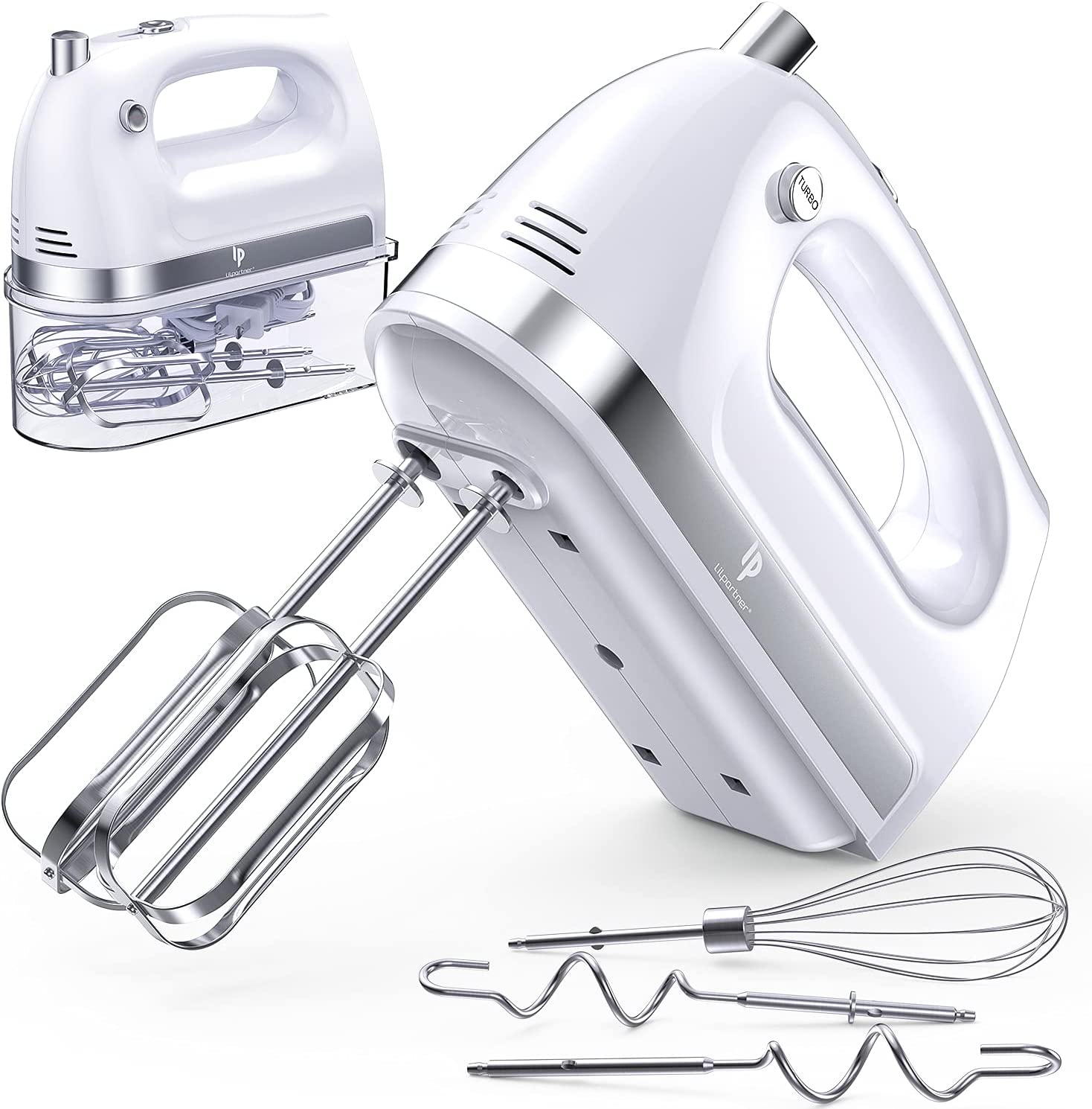 HOMCOM 5-in-1 Electric Hand Mixer, Handheld Mixer with Measuring Cup, 300W  Immersion Blender with 5+1P Speeds, Dough Hooks, Chopper, Whisk and Mixers  for Meat, Fruit, Mashed Potato and Milkshake 