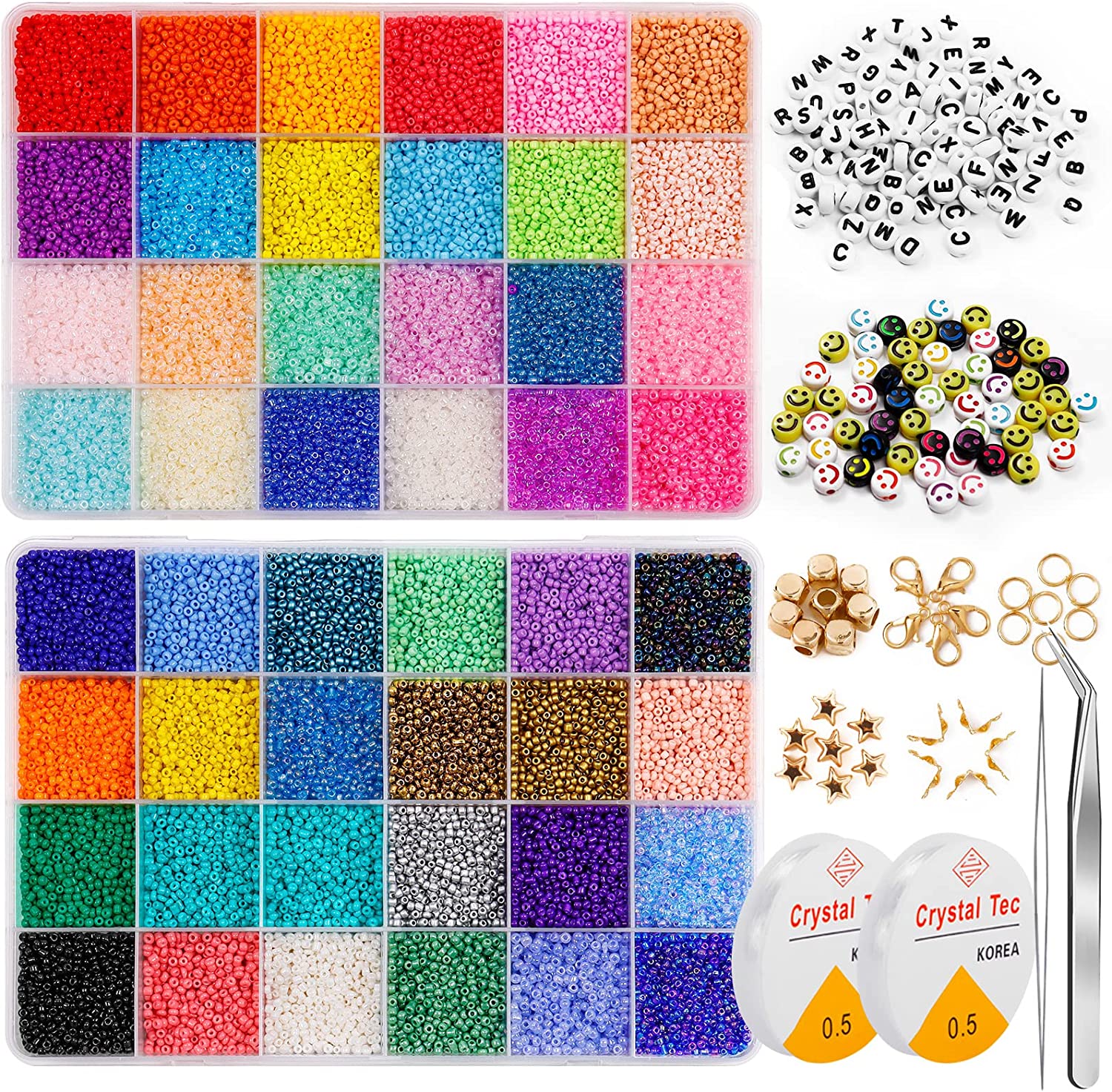 Nowsruiver Size 2mm Glass Seed Beads 48 Colors Total About 38400pcs,12/0 Small Seed Beads Kit Bracelet Beads with 24-grid Storage Box for Jewelry