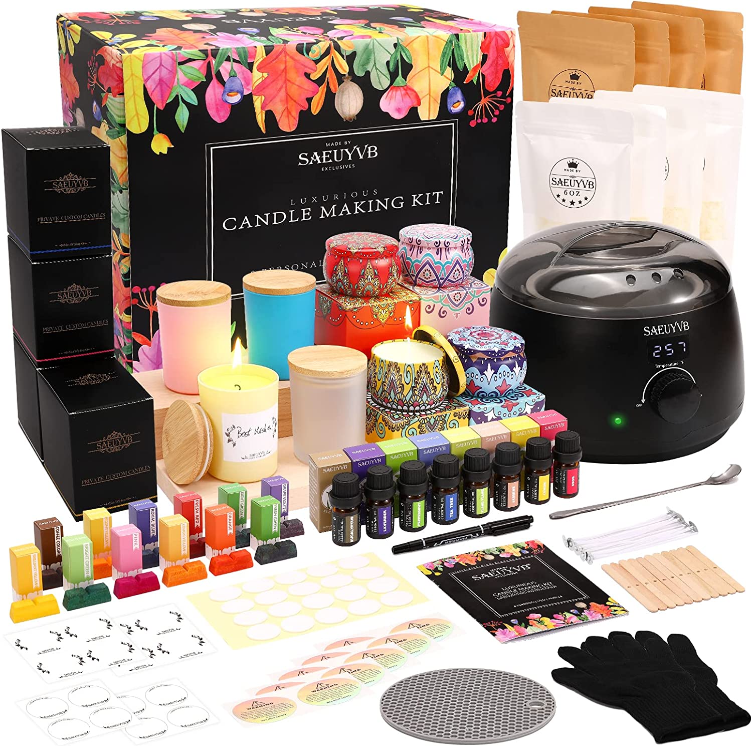 J Mark DIY Candle Making Kit for Adults – 66 Pcs Candle Making Kit with Melter, Decorative Candle Tins, Natural Soy Wax, Dye, Fragrance Oils, Cotton