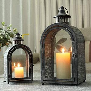 JHY DESIGN Decorative Candle Lantern 13.5 High Metal Candle Lanterns Vintage Style Hanging Lantern for Indoor Outdoor Events Parities,Weddings Black with Red Brush