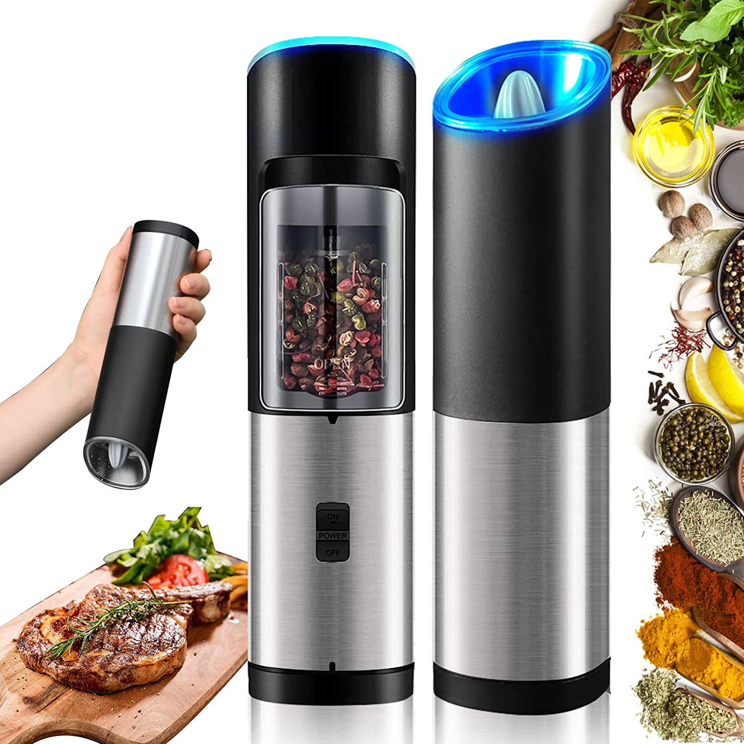 KSL Gravity Electric Salt and Pepper Grinder (Silver) - Battery Operated Auto  Mill, Automatic Shaker with Light 