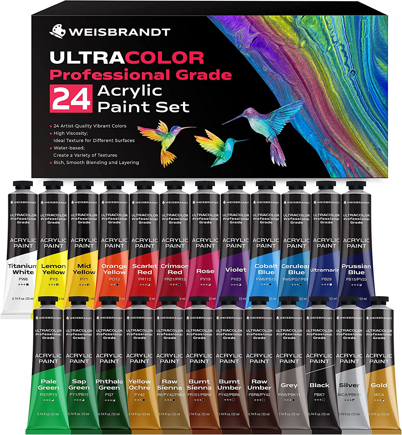 Gencrafts Acrylic Paint Set - Set of 24 Premium Vibrant Colors - (22 mL, 0.74 oz.) - Quality Non Toxic Pigment Paints for Canvas