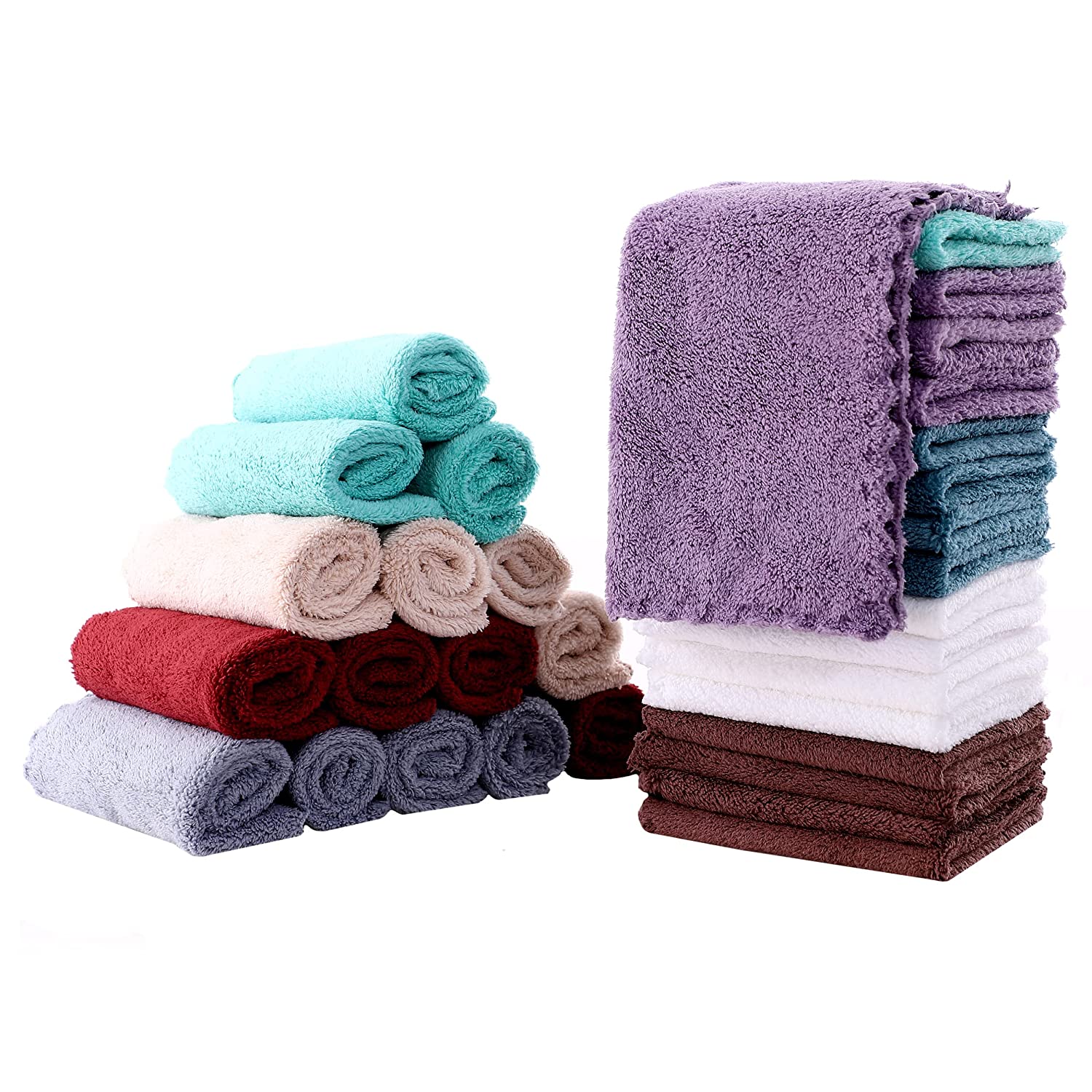 QUBA LINEN Wash Cloth Set - Pack of 24, 100% Cotton - Flannel Face Cloths,  Highly Absorbent and Soft Feel Fingertip Towels (12x12 Pack of 24)