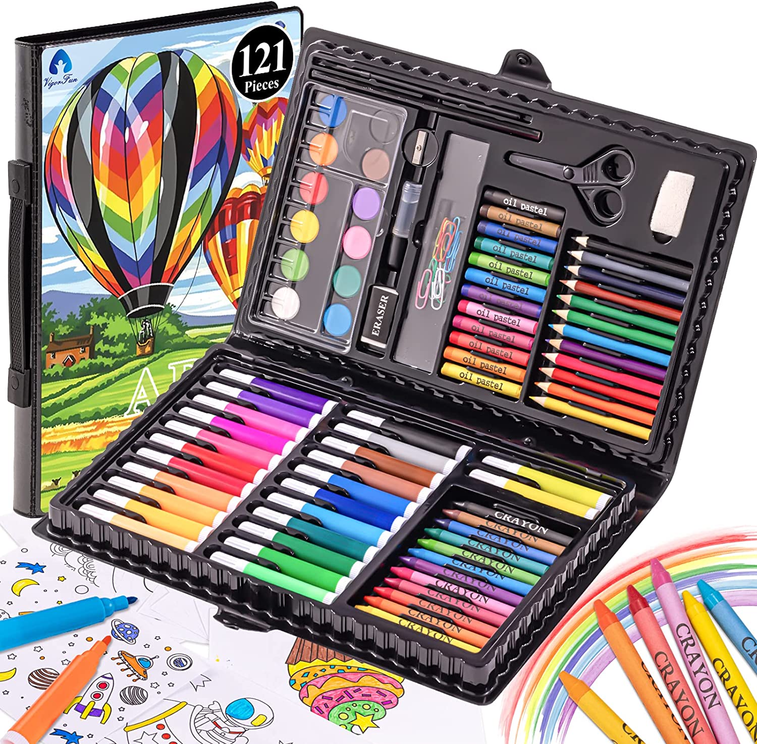 KINSPORY 150 Pcs Portable Inspiration & Creativity Coloring Art Set Painting & Drawing Supplies Kit, Markers, Crayons, Colour Pencils - Black