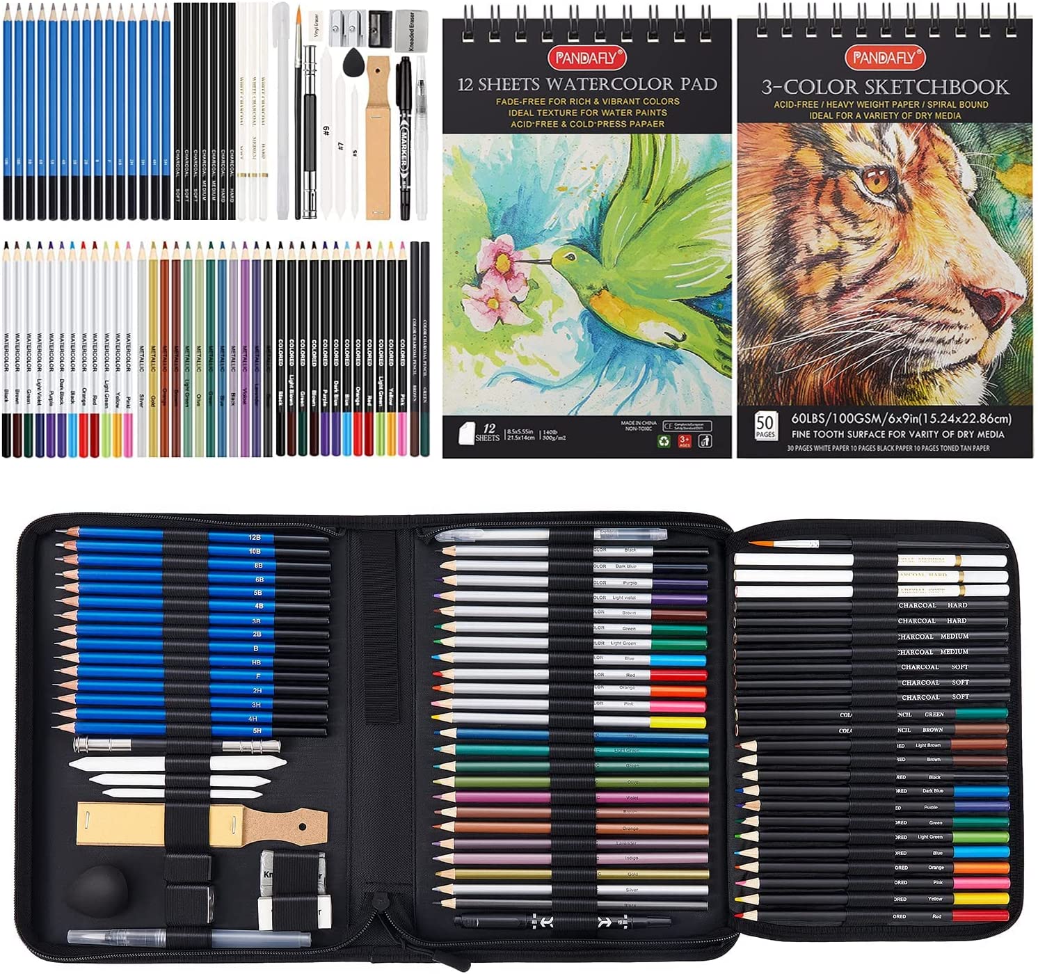 Caliart Drawing Supplies, Art Set Sketching Kit with 100 Sheets 3-Color  Sketch Book, Graphite Colored Charcoal Watercolor & Metallic Pencils, Gifts