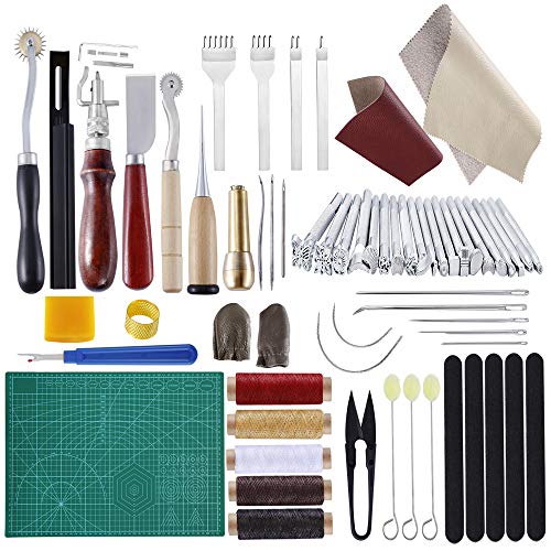 BUTUZE 489pcs Leather Working Tools Kit with Instructions,Leather Sewing Tools Kit Leather Working Supplies with Leather Craft Stamping Tools,Gift