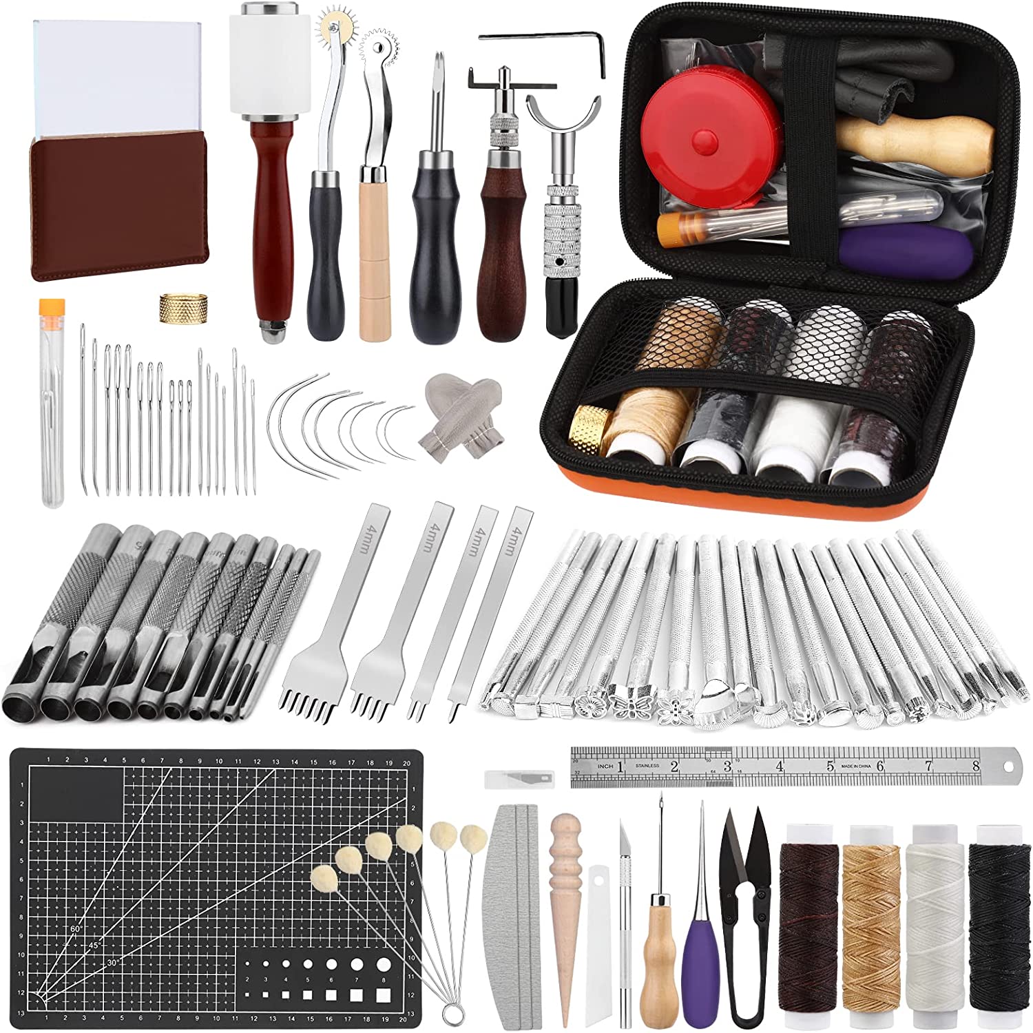 51 Pcs Leather Working Tools, Leather Craft Hand Stitching Tools with 4mm  Prong Sewing Hole Punch Leather Sewing Tool, Waxed Thread and Large-Eye