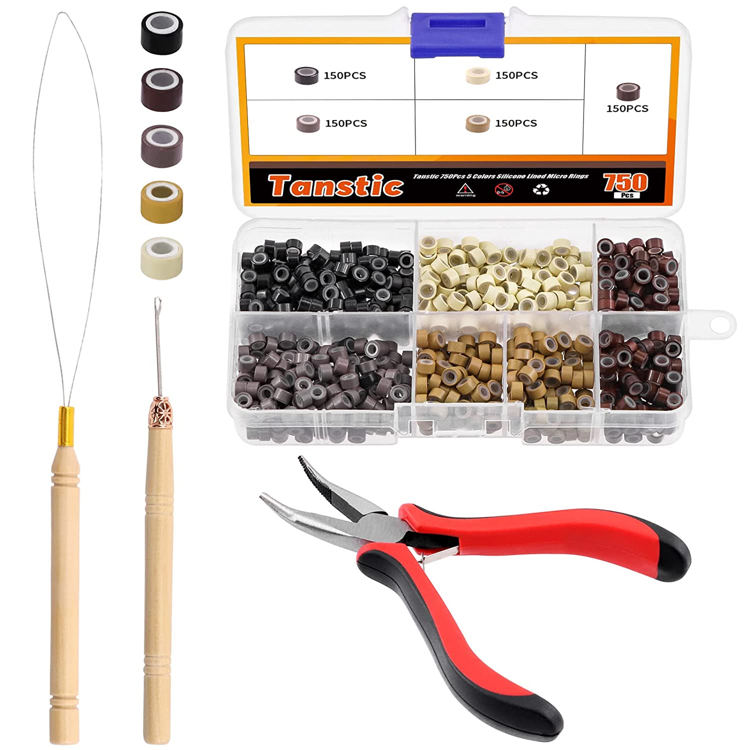 Hair Extensions Tools Kit : 1500 Pcs Silicone Micro Lined Beads  (Black,Brown,Blonde), Loop Needle Threader, Pulling Hook Needle, Hair  Extension