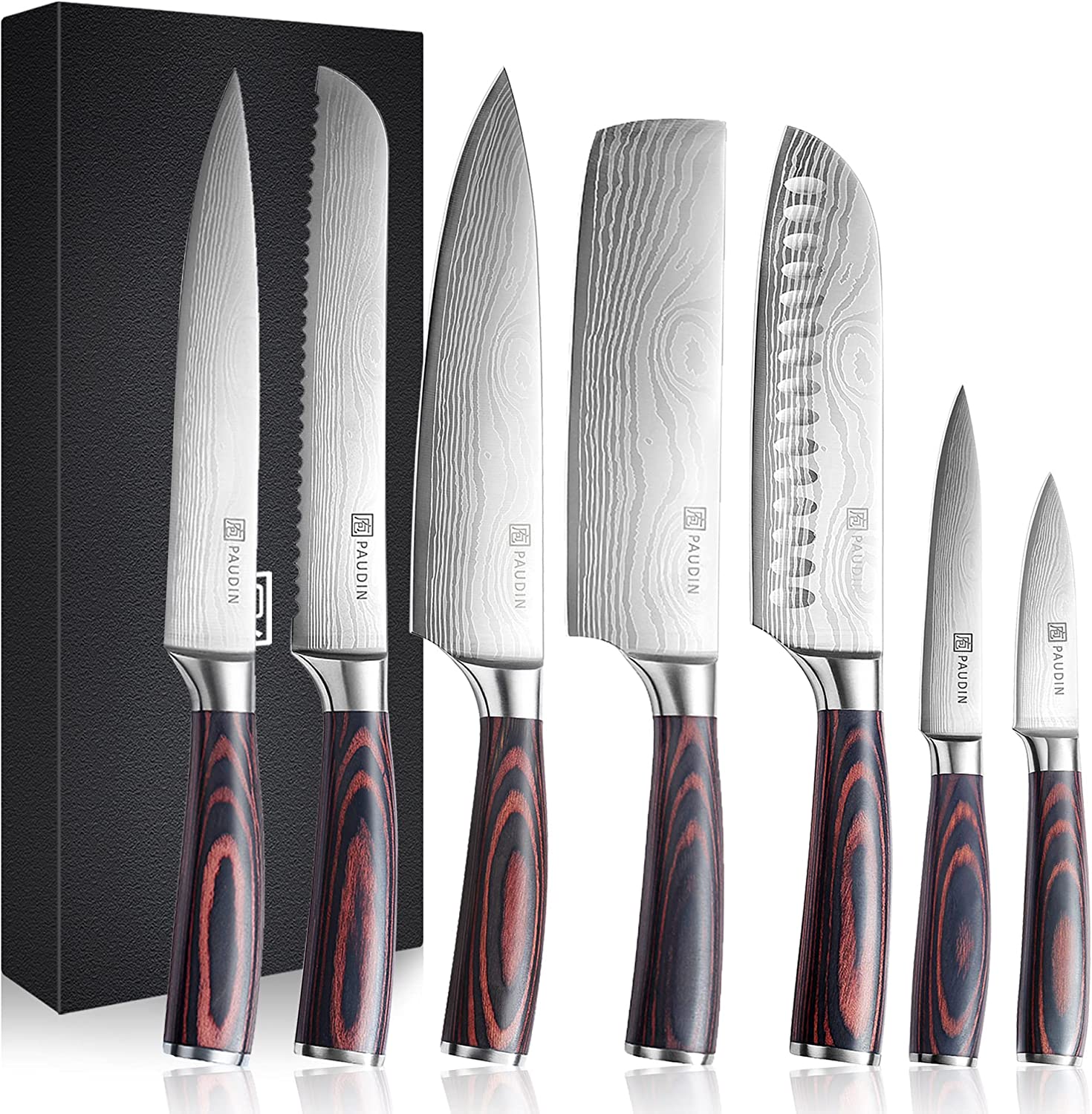 FULLHI Knife Set 13pcs Japanese Knife Set 7pcs Chef's Knives Pakka Wood  Handle German Stainless Steel Kitchen Knife Set with Knife Roll Bag Kitchen