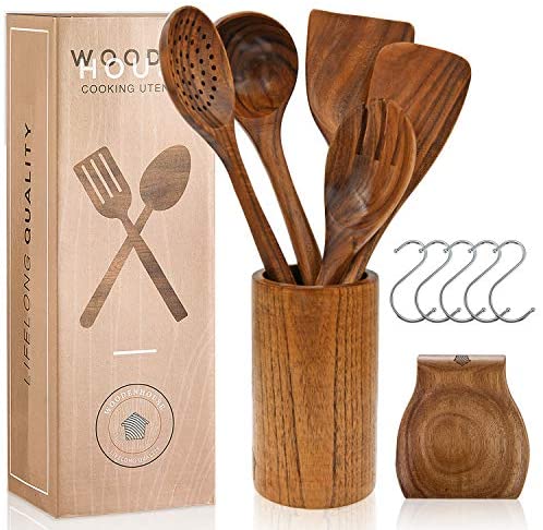Wooden Kitchen Utensils Set,gudamaye 6 Pce Wooden Spoons For Cooking,wooden  Cooking Utensils,natural Teak Wooden Spoons For Non-stick Pan - 6pcs