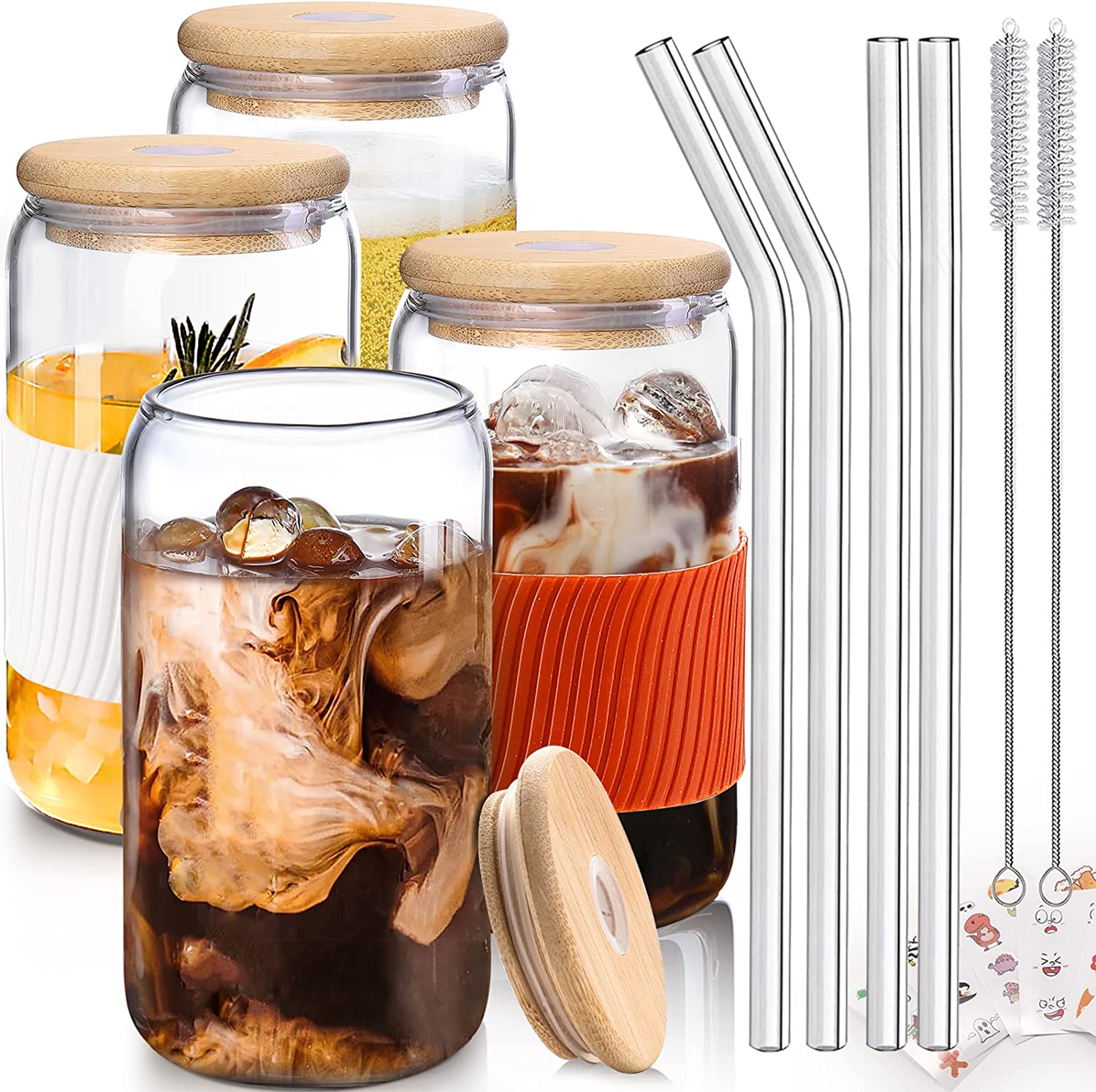  HOMBERKING Glass Cups with Bamboo Lids and Straws 4pcs