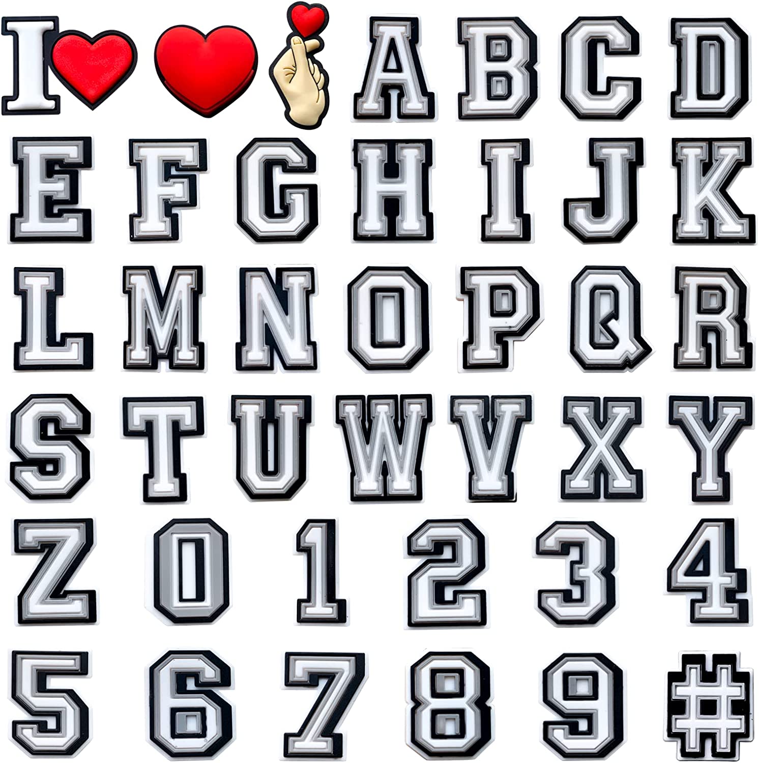 56PCS Double Letter Shoe Charms for Crocs, Alphabet Gibits Charms with 'I  Heart' and Hashtag Symbols for Sandals Decorations, Letter Croc Charms Pack