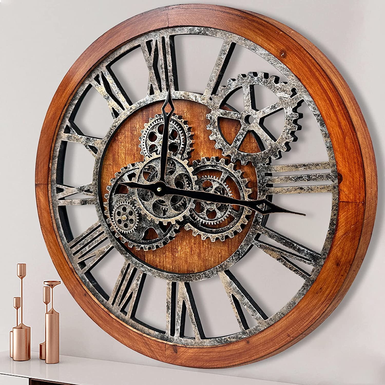 27 inch Large Real Moving Gears Wall Clock with Toughened Glass Cover Oversized Vintage Solid Wood Farmhouse Clock Giant Decorative Rustic Wall Clock