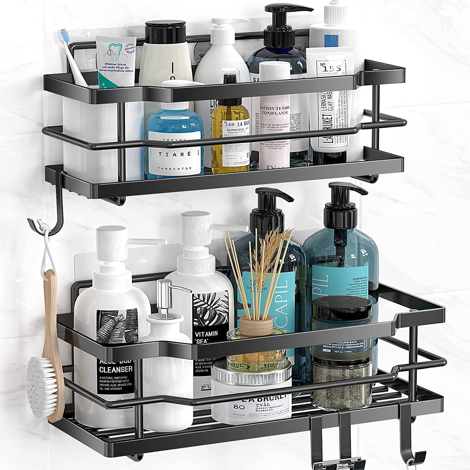 Carwiner Shower Caddy Bathroom Shelf 2-Pack, Basket with 8 Hooks for  Hanging Shampoo Conditioner, SUS304 Stainless Steel Rack Wall Mounted  Storage Organizer for Kitchen, No Drilling (Silver) 