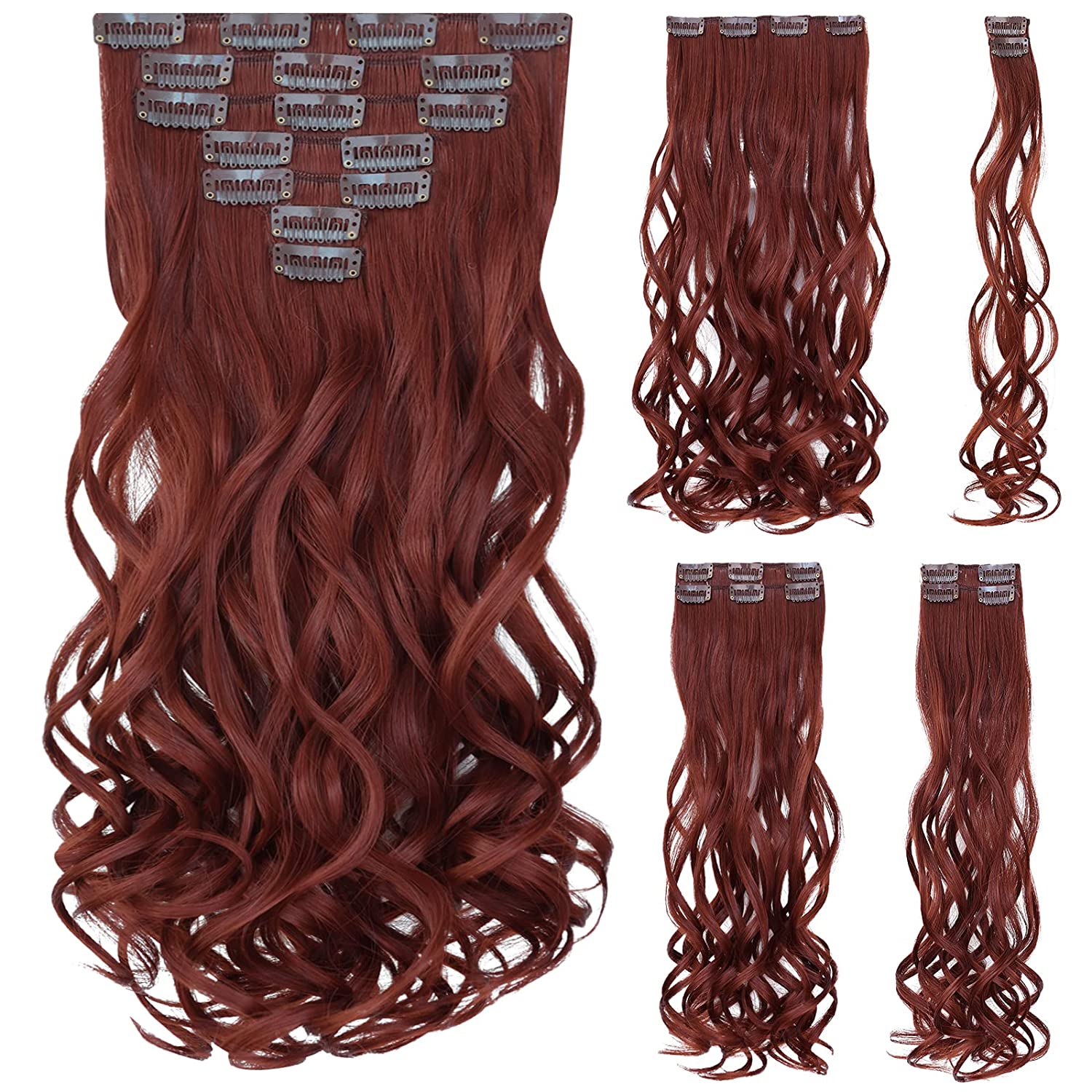Clip in Hair Extensions, 5PCS Long Wavy Copper Chestnut Hair Extensions  Clip in Thick Natural Soft Synthetic Double Weft Hairpiece for Women Girls  Daily Make Up Party Halloween